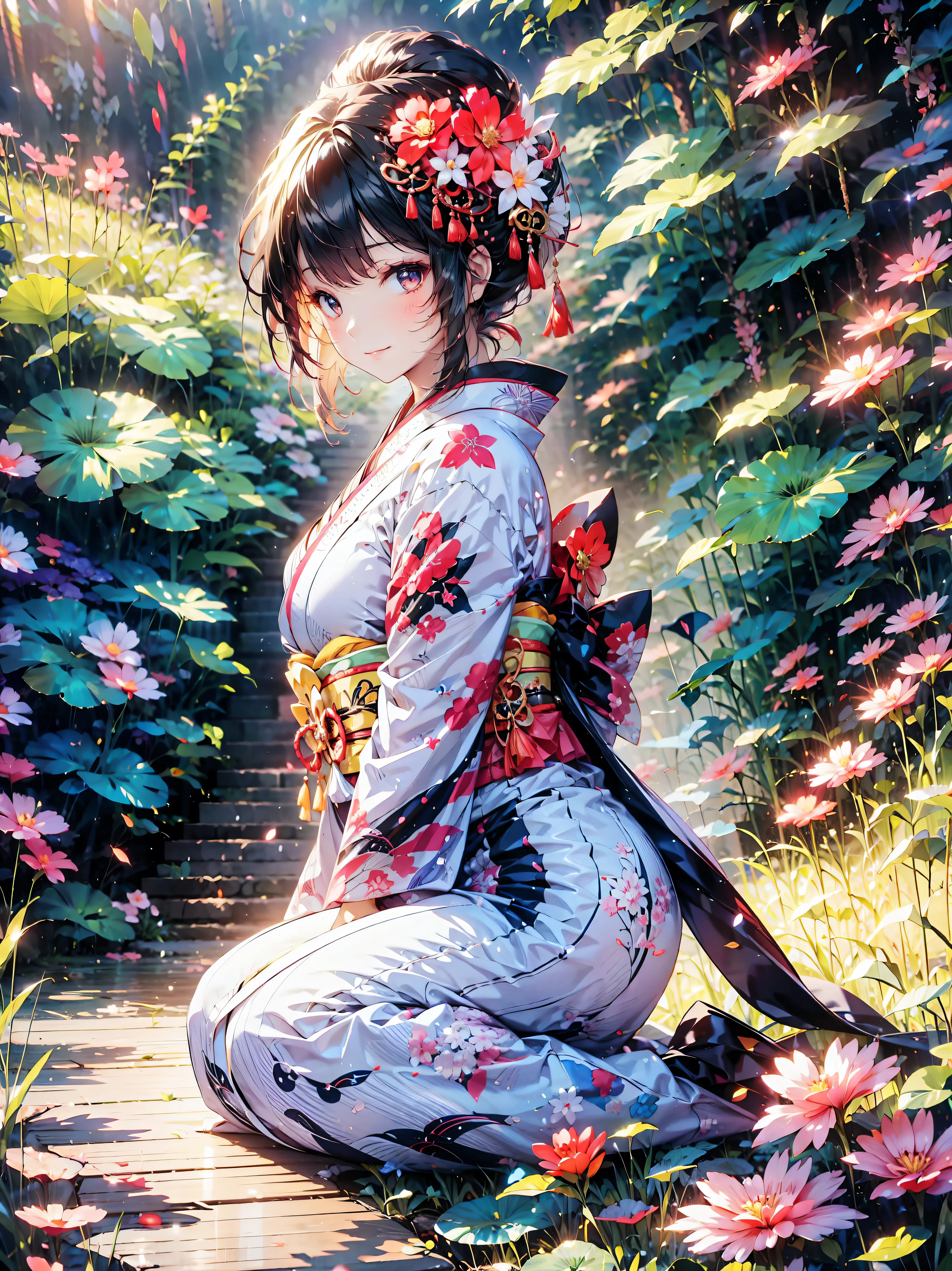  Japanese, Anime young woman,  sitting, (((seiza))), (((Happy smile))), kawaii Laughing Yan,  GORGEOUS AND BEAUTIFUL,  beautiful kimono, BEAUTIFUL SUNWEAR ,  huge breasts, front,