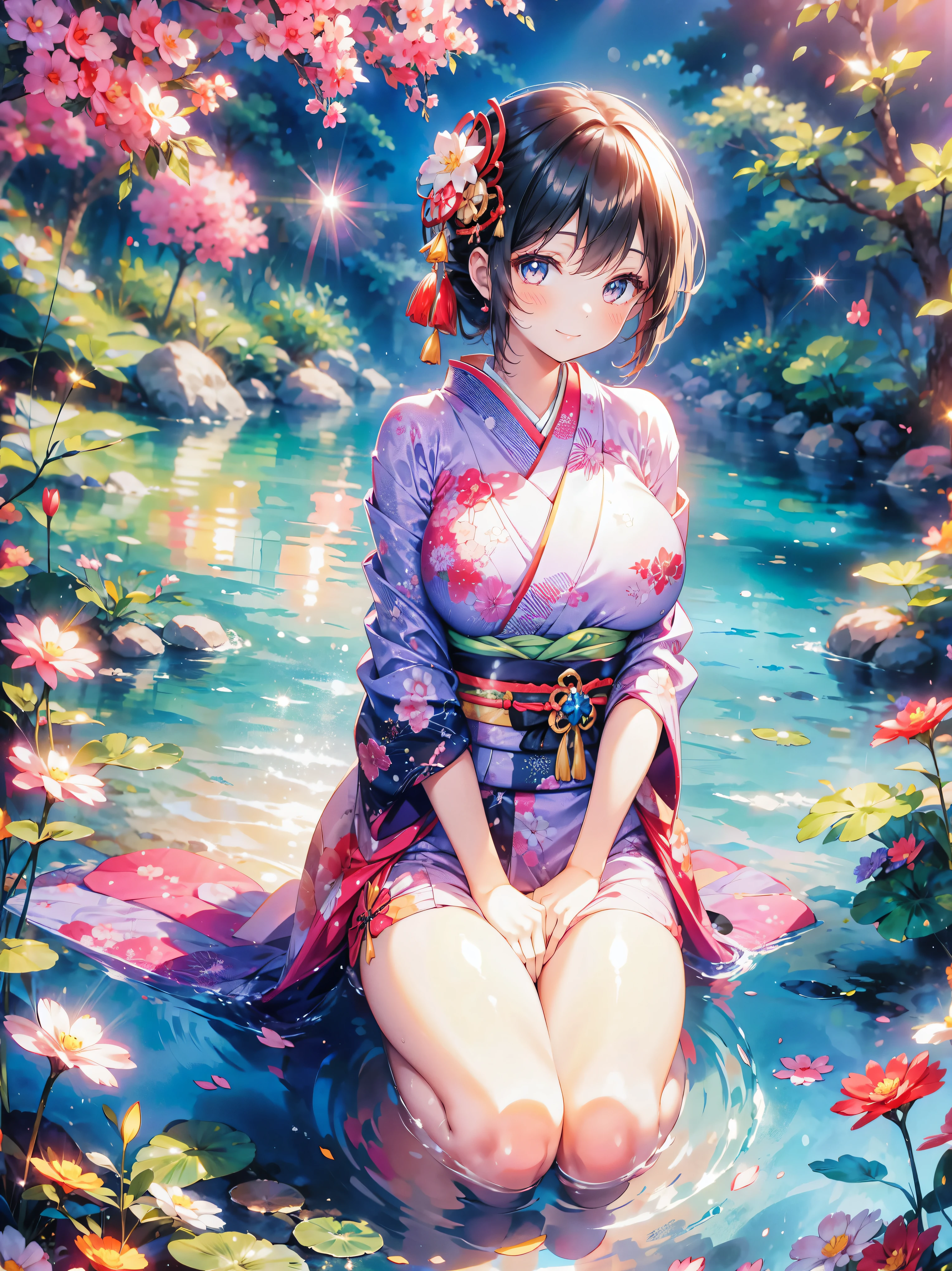  Japanese, Anime young woman,  sitting, (((seiza))), (((Happy smile))), kawaii Laughing Yan,  GORGEOUS AND BEAUTIFUL,  beautiful kimono, BEAUTIFUL SUNWEAR ,  huge breasts, front, 