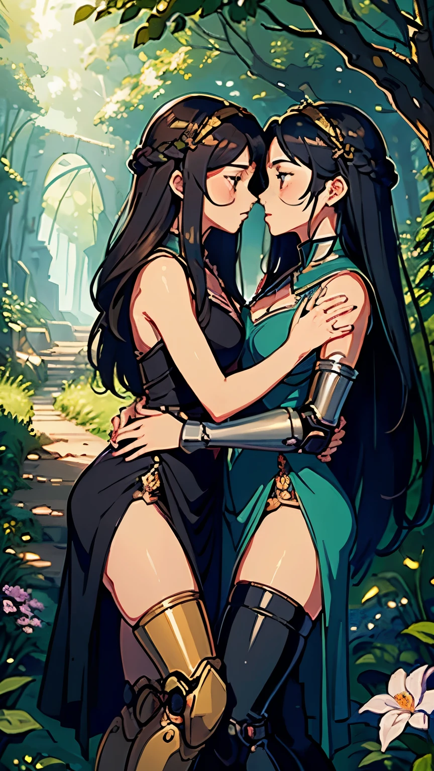 two beautiful girls, (realistic:1.5), (best quality), masterpiece, adventure, hugging and touching each other, teasing their friend's waist, friend gasping, biting her friend's earlobe, squatting, ultra-wide-angle lens, face focus, long legs, curves, barefoot, medium bust, opening the divide, long black hair, floating hair, long eyelashes,
Detailed faces with beautiful eyes and distinct pupils, clothes featuring intricate patterns and textures, clear background (1.3), Bindi and Jumgas accessorizing,
Exploring mysterious ancient ruins, lush forest, canyon, bridge, river