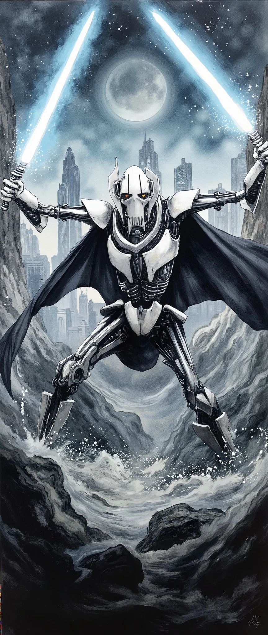 (masterpiece:1.2,EXCEPTIONAL QUALITY ,Mirror finish, Cinematic Experience, best illustration ),8k,16k,(wallpaper),General Grievous from star wars, General Grievous, sharp digital painting, complex fluid , Concept work, ( black and white:2.0, Artwork:2.0, Ink Painting:1.2), lightsaber,( dynamic swordsmanship poses),( old cloak :2.0),Splash,Bleeding,splash,( the background is the planet Wutapau :2.0),(The background is Pow City :2.0),( lightsaberの軌跡を光の美しい線で描写する:2.0)