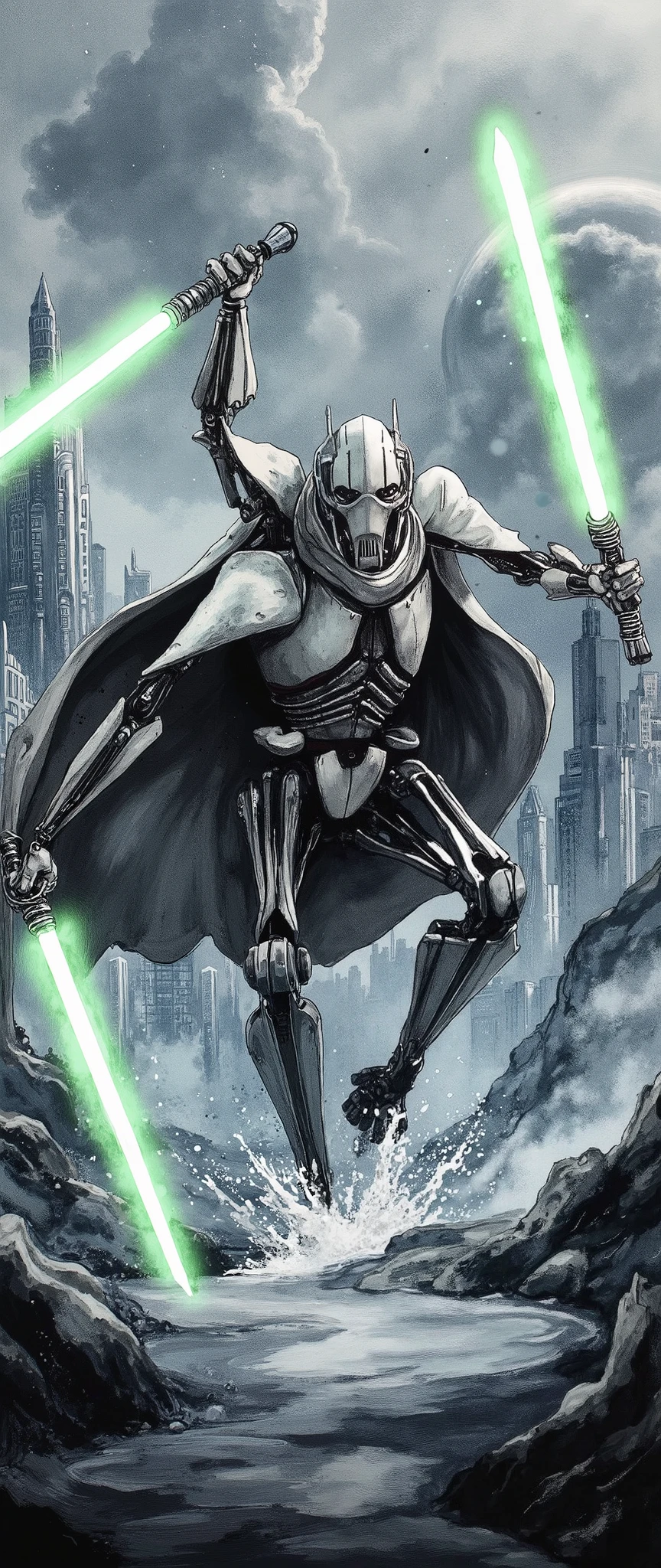 (masterpiece:1.2,EXCEPTIONAL QUALITY ,Mirror finish, Cinematic Experience, best illustration ),8k,16k,(wallpaper),General Grievous from star wars, General Grievous, sharp digital painting, complex fluid , Concept work, ( black and white:2.0,  Artwork:2.0, Ink Painting:1.2), lightsaber,( dynamic swordsmanship poses),( old cloak :2.0),Splash,Bleeding,splash,( in the background is the planet Utapau :2.0),(The background is Pow City :2.0),( lightsaberの軌跡を光の美しい線で描写する:2.0)