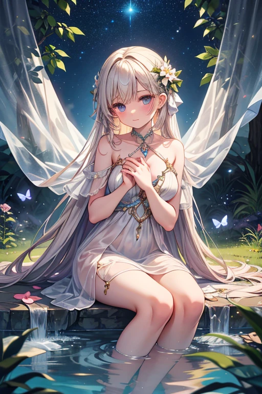 ((masterpiece)), ((best quality)),,(very wide shot:1.3),(ultra-detailed), ((extremely detailed)),full body,(under zero gravity:1.3),(pencil drawing:1.3), (watercolor pencil2:1.6 ), pastel ,(beautiful),high definition,an extremely delicate and beautiful,((best quality)),,colorful,A beautiful woman walks along the banks of a stream in a lush forest, (where colorful many jellyfish:1.3), which emit a pale light at night,( float in the air), She has a beautiful face and shining eyes of vivid colors, (She wears elaborate and delicate ornaments:1.3),( Fantastic forest with small many jellyfish drifting in the air:1.5), luminous on a moonlit night, Detailed drawing, Vivid colors, High image quality,