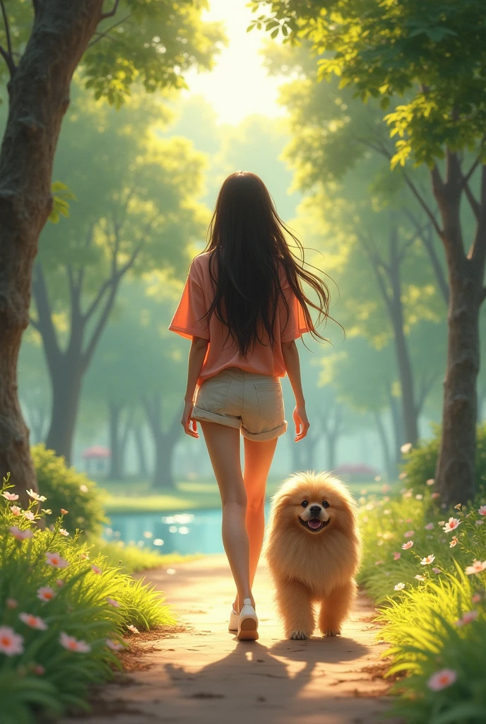 Create an image of a young woman with her back walking in the park with a brown Pekingese dog