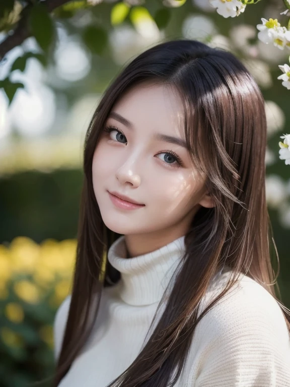 masterpiece,DSLR photo,analog style,nikon d5,real photo,a photo of a beautiful 20 year old woman,dramatic lighting (85mm),with Blooming garden in the background,(detailed facial features),(detailed shiny eyes),dynamic angle,Michelangelo style,long hair,turtleneck sweater,smiling face:1.4,