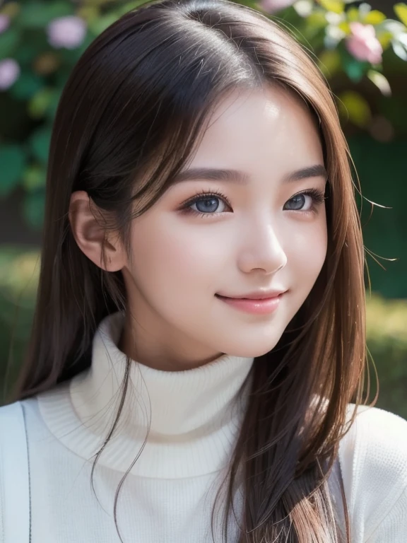 masterpiece,DSLR photo,analog style,nikon d5,real photo,a photo of a beautiful 20 year old woman,dramatic lighting (85mm),with Blooming garden in the background,(detailed facial features),(detailed shiny eyes),dynamic angle,Michelangelo style,long hair,turtleneck sweater,smiling face:1.4,