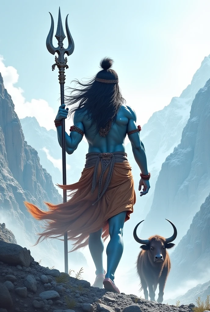 lord Shiva is walking very angry with trishula, white cow is walking beside him, his hand covered with some blood. Water is falling on him from top.