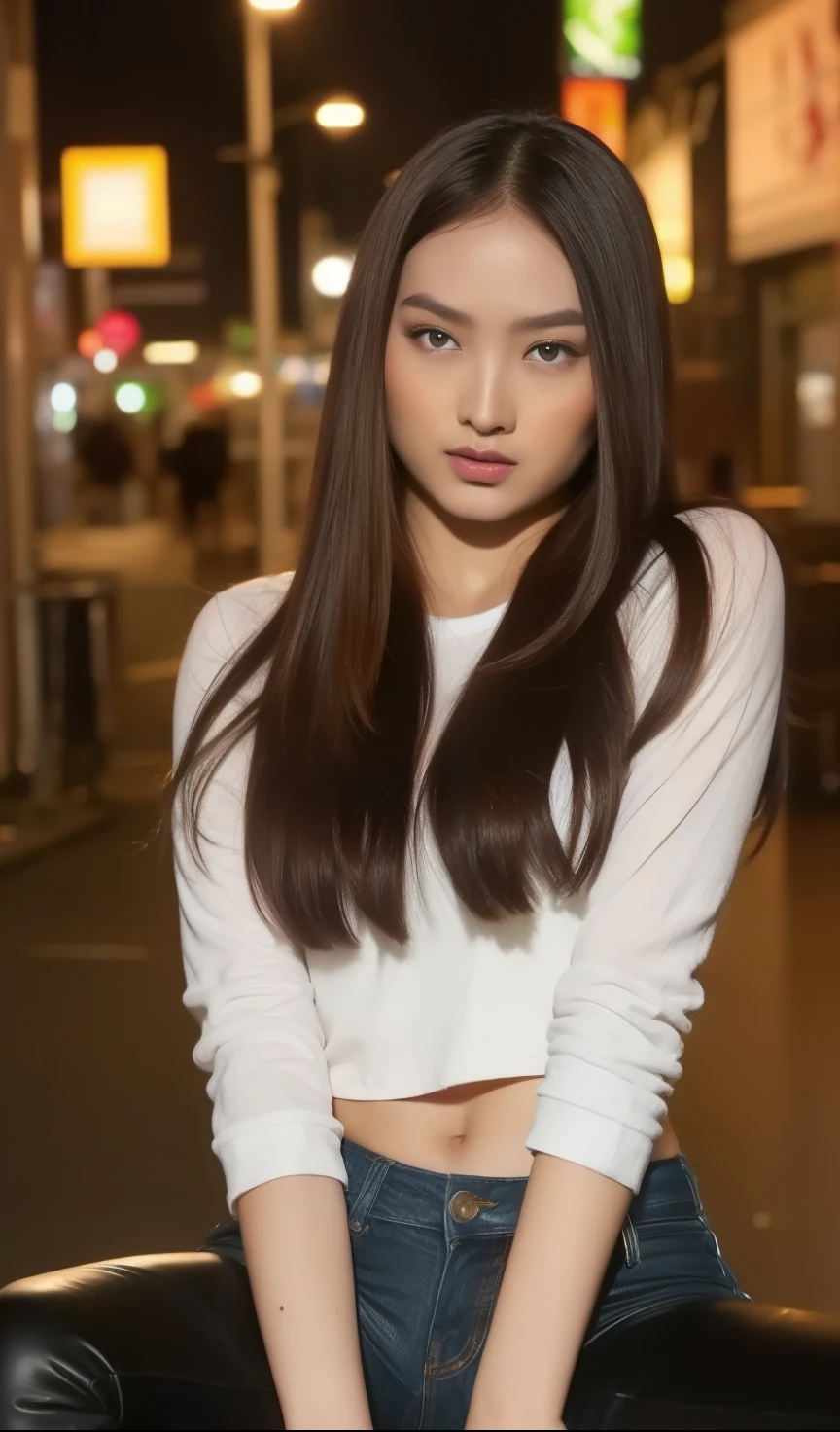 A beautiful young Indonesian girl actress with long black hair, smoothing hair straight, face beautiful, glow face, diamond face model, detailed eyes, small breasts, long jacket, sexy body, slim body, slim body, , erotic body, (((spread legs))), streching hand, streching hand, sexy hips, wide hips, (((sexy leg))), spread legs, night street background, photorealistic portrait, cinematic lighting, hyper realistic, digital art, ultra high resolution, masterpiece