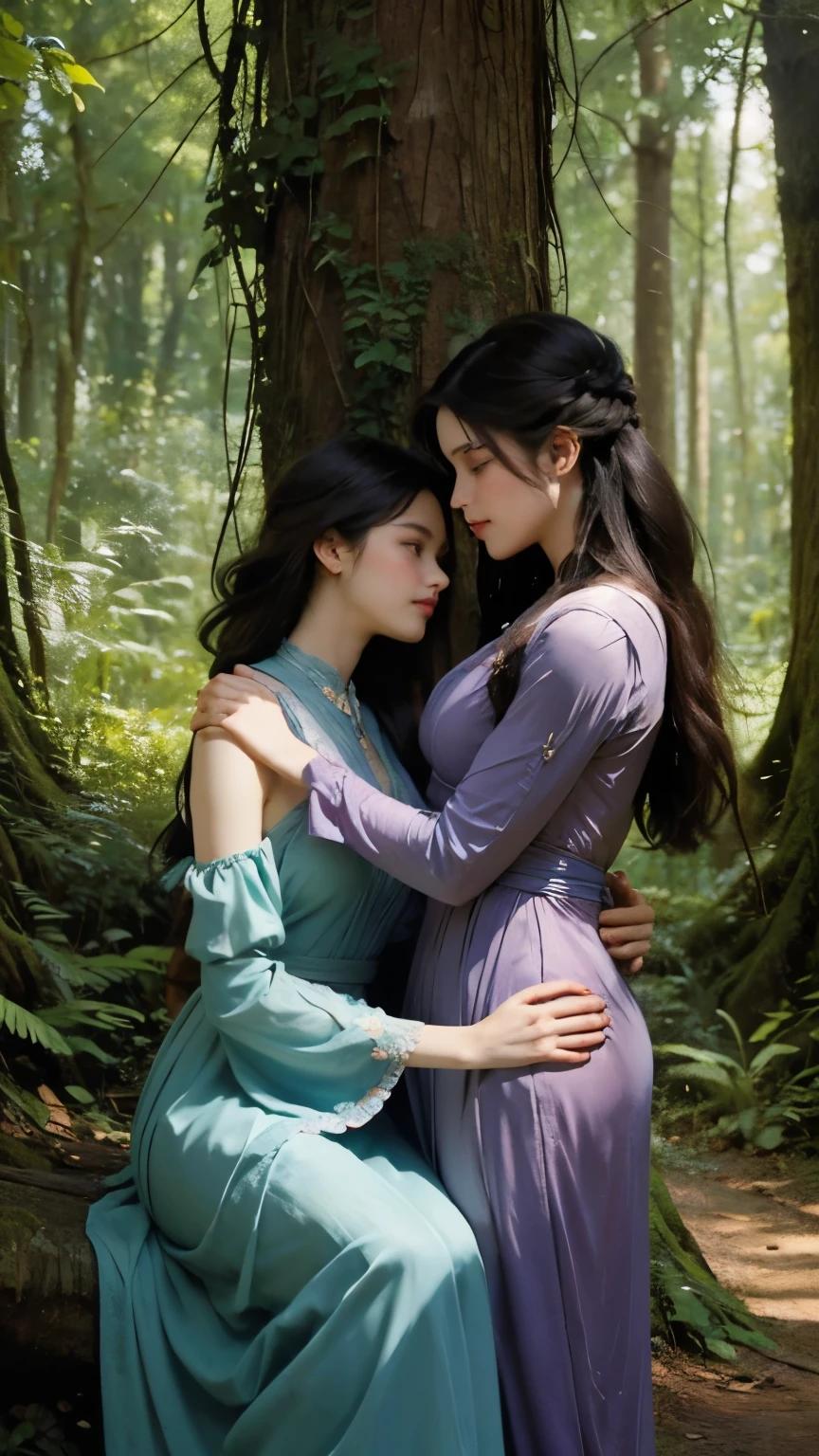 ( 2 female robot gladiators). ( Two Female Robot Gladiators Embrace Each Other in the Forest、 are kissing、20 years old)、( Detailed Depictions of Beautiful Faces )、Tie your hair up、Ancient Roman Dress、Take off your armor 、 put down your sword and shield 、Fireflies are flying、 lily flowers are blooming 、Italy in the Forest 、Soft light、Cinematic lighting、 soft focus 、Bokeh、( Pre-Raphaelian Style )、( Edmund Layton Style )、(Sergeant Style )、( top quality , masterpiece, high res)、4K、wallpaper、
