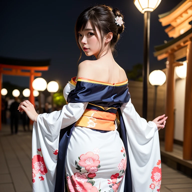looking in camera,(((of the highest quality, 8K, masutepiece))), Crisp focus, (Beautiful woman with perfect figure), slender, (Hairstyle: ass hole up)), ((Kimono: CALA)), Street: 1.2 Highly detailed face and skin texture Detailed eyes Double eyelids Random posture, (Smile),Super cute Japan person,Super Beautiful Japan Girl, Realistic face, 二重まぶた,Smile,Summer festival , At sunset , Beautiful teeth , firework background.