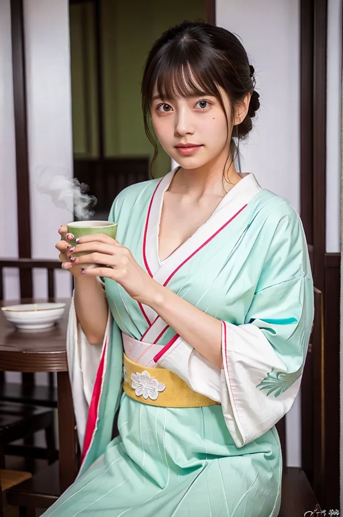 1girl, solo, Japanese, age20, very cute, (lewd), female university student, wearing a Japanese light colored kimono, sitting in a Japanese-style cafe, (holding a cup of steaming matcha tea with both hands:1.2), seated in seiza, (slightly leaning forward, breasts delicately emphasized), soft indoor lighting, intricate kimono patterns, warm and cozy atmosphere, (large breasts:1.3), cleavage, full-body portrait, masterpiece, best quality, perfect anatomy, highres, 8k, realistic, photorealistic, natural skin texture, no makeup, jp idol, inugao