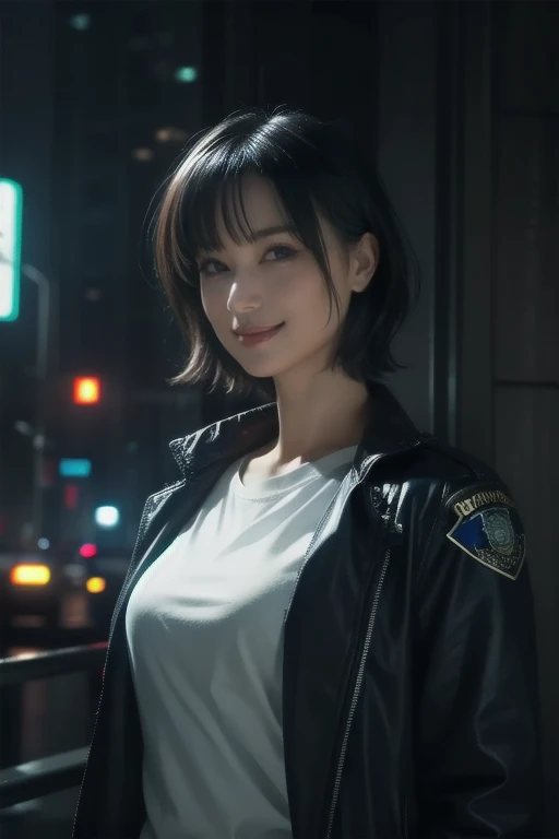 (8k, photorealistic, RAW photo, top quality: 1.4), (1girl), super beautiful, (realistic face), (boyish, silver-colored berry short hair), beautiful cyberpunk suit, glares seducing viewer, beautiful expression, beautiful breasts, (realistic skin), beautiful smile, (soldier), attractive, ultra high resolution, ultra realistic, high definition, spoiled