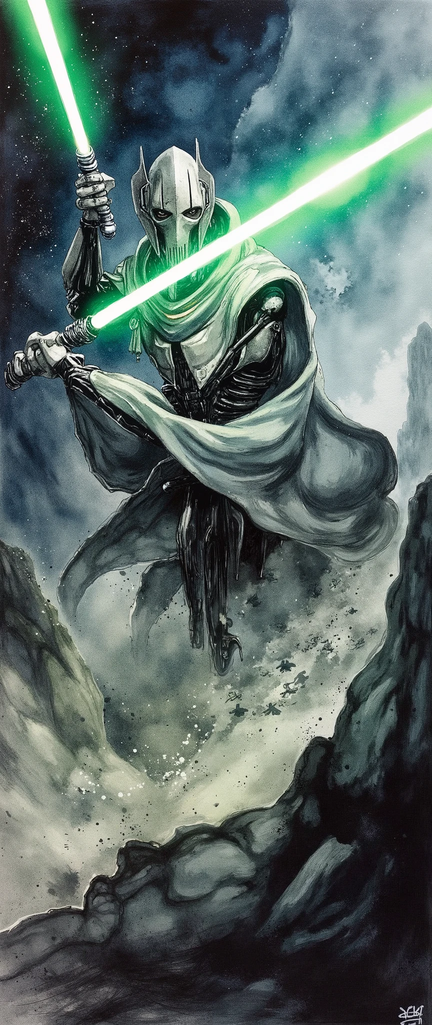 (masterpiece:1.2,EXCEPTIONAL QUALITY ,Mirror finish, Cinematic Experience, best illustration ),8k,16k,(wallpaper),( General Grievous from Star Wars ), (General Grievous 1:2.0), sharp digital painting, complex fluid , Concept work, ( Artwork:2.0, ,  Artwork:2.0, Watercolor:1.6), lightsaber,( dynamic poses in a crowded store),(4本の lightsaberを構える:2.0),,( in the background is the planet Utapau :2.0),(The background is Pow City :2.0)
