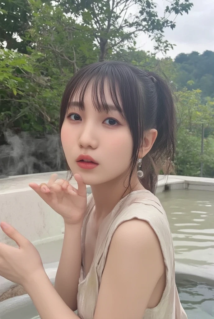 medium shot, photorealistic of completely naked ikuta rira, ponytail, black hair, small breasts, bathing at outdoor onsen