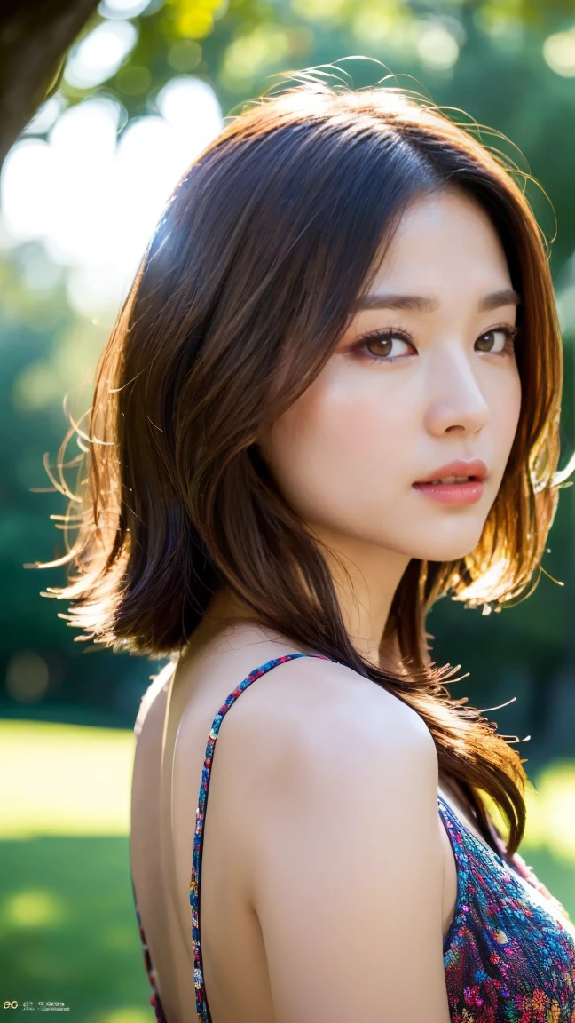 A girl wearing kimono printed bikini for new year, detached sleeves, cleavage, temple background, morning, sunrise, beautiful detailed eyes, long eyelashes, beautiful detailed lips, necklace, sparkling jewelry, golden long hair, (detailed,crisp:1.1) textures, (photo-realistic:1.37) rendering, artistic masterpiece