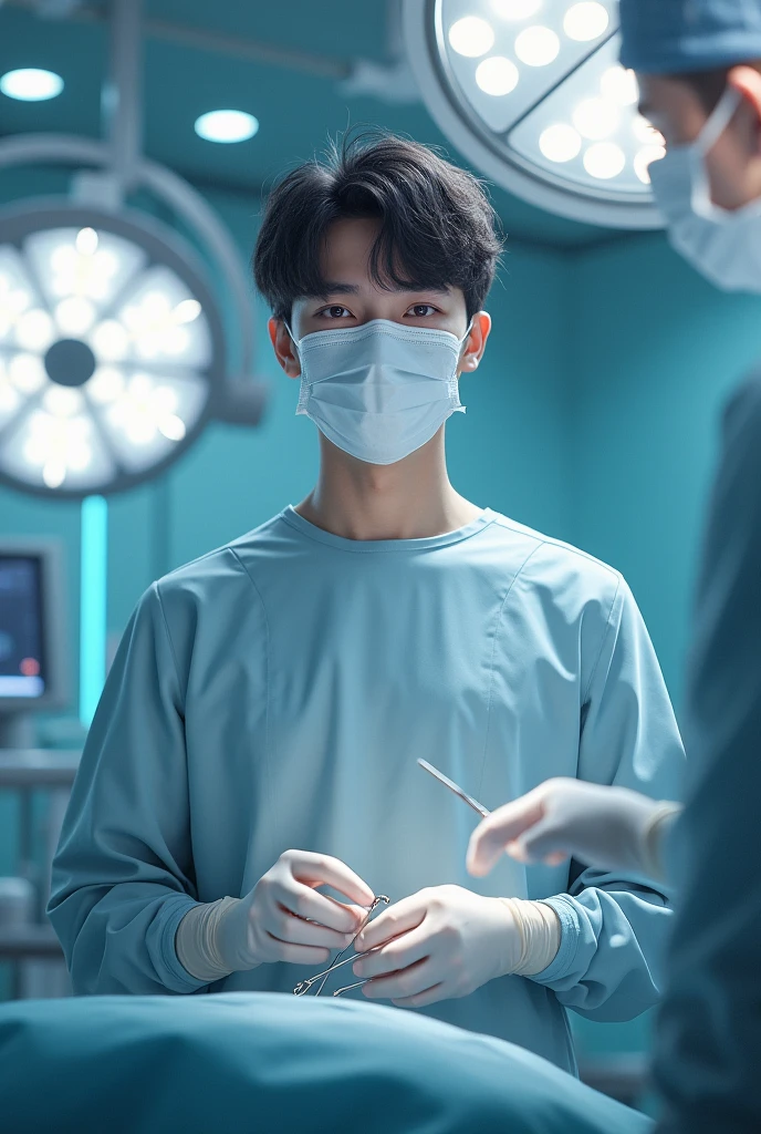 a young and very handsome shirtless man wearing a surgery mask lying on a hospital gurney on a black background
