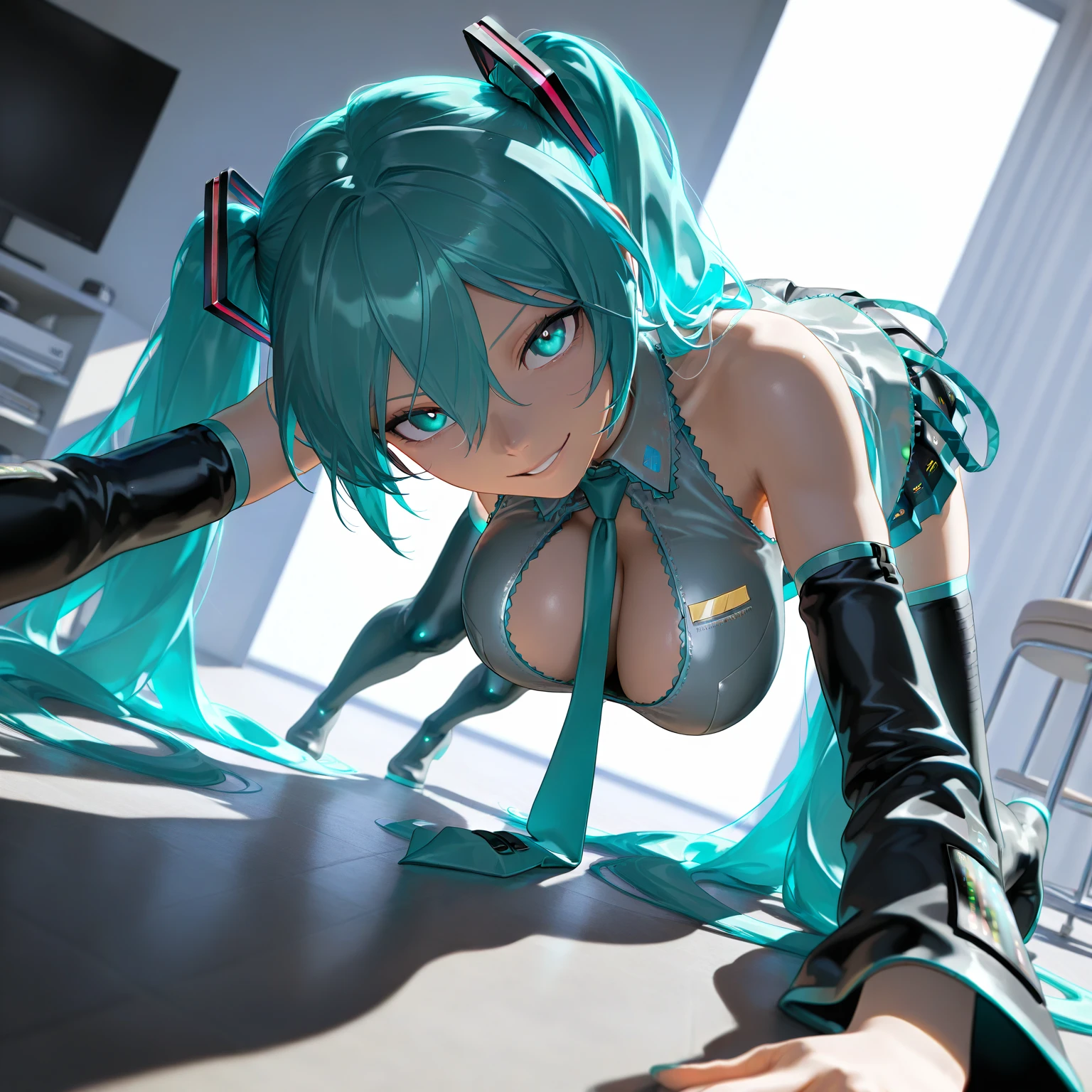 masterpiece,  top quality ,   great quality,  very aesthetic,  absurd,  up to date, scenery,   Hatsune Miku , very huge big boobs、white background on all fours, black light, watching viewers, Evil Smiles ,  Photorealistic ,  Dutch angle , masterpiece,  top quality ,   great quality,  very aesthetic,  absurd,  up to date, scenery,  Volumetric Lighting