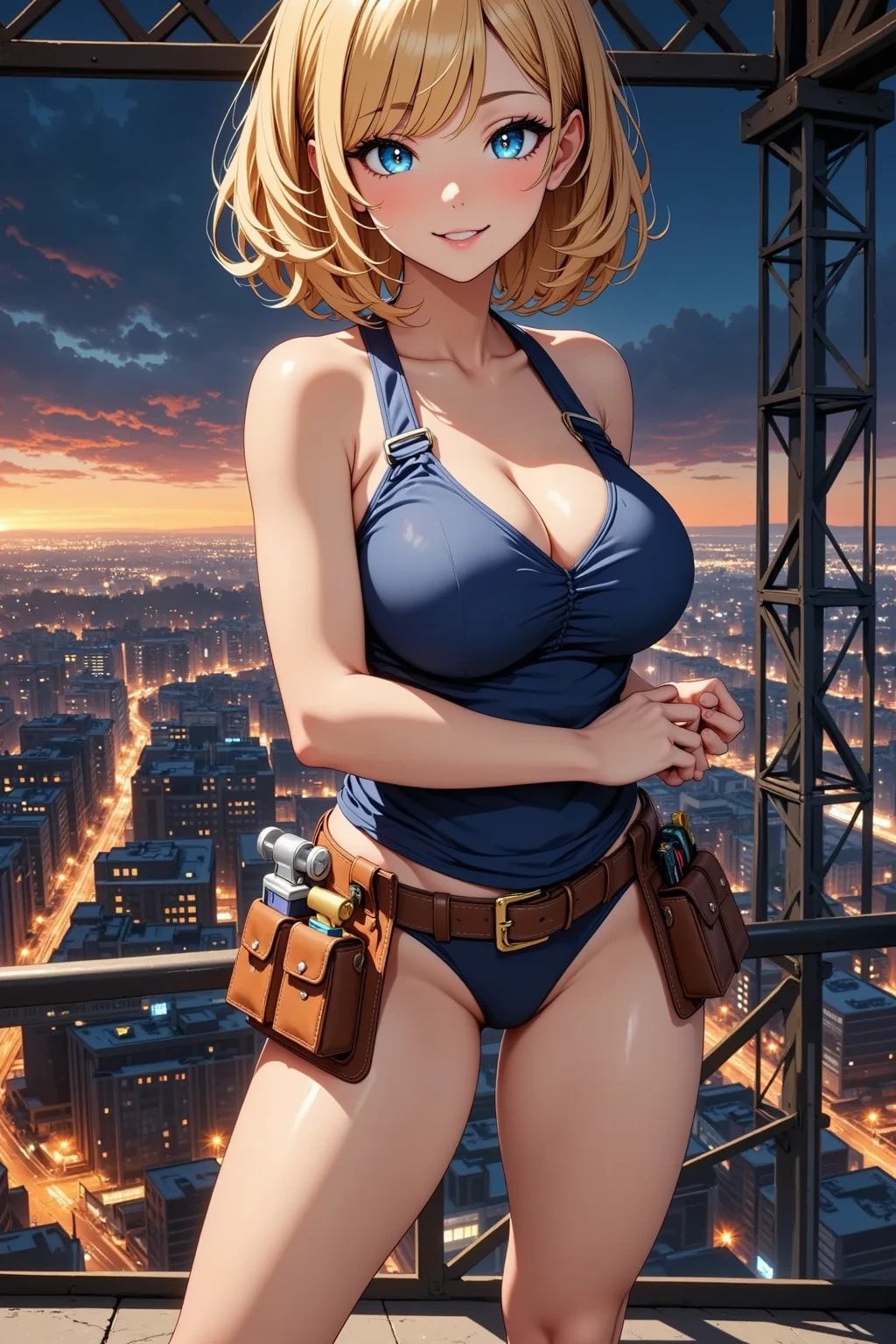 1 girl doing electrical work、Tanned leather tool belt filled with electrical tools, glossy brown skin, small breasts, video, yellow hair,  inviting, top quality,  textured skin,  thin legs  、 high heels、 movie light effect, Full Harness、Top of the Steel Tower 、 Big City Night View