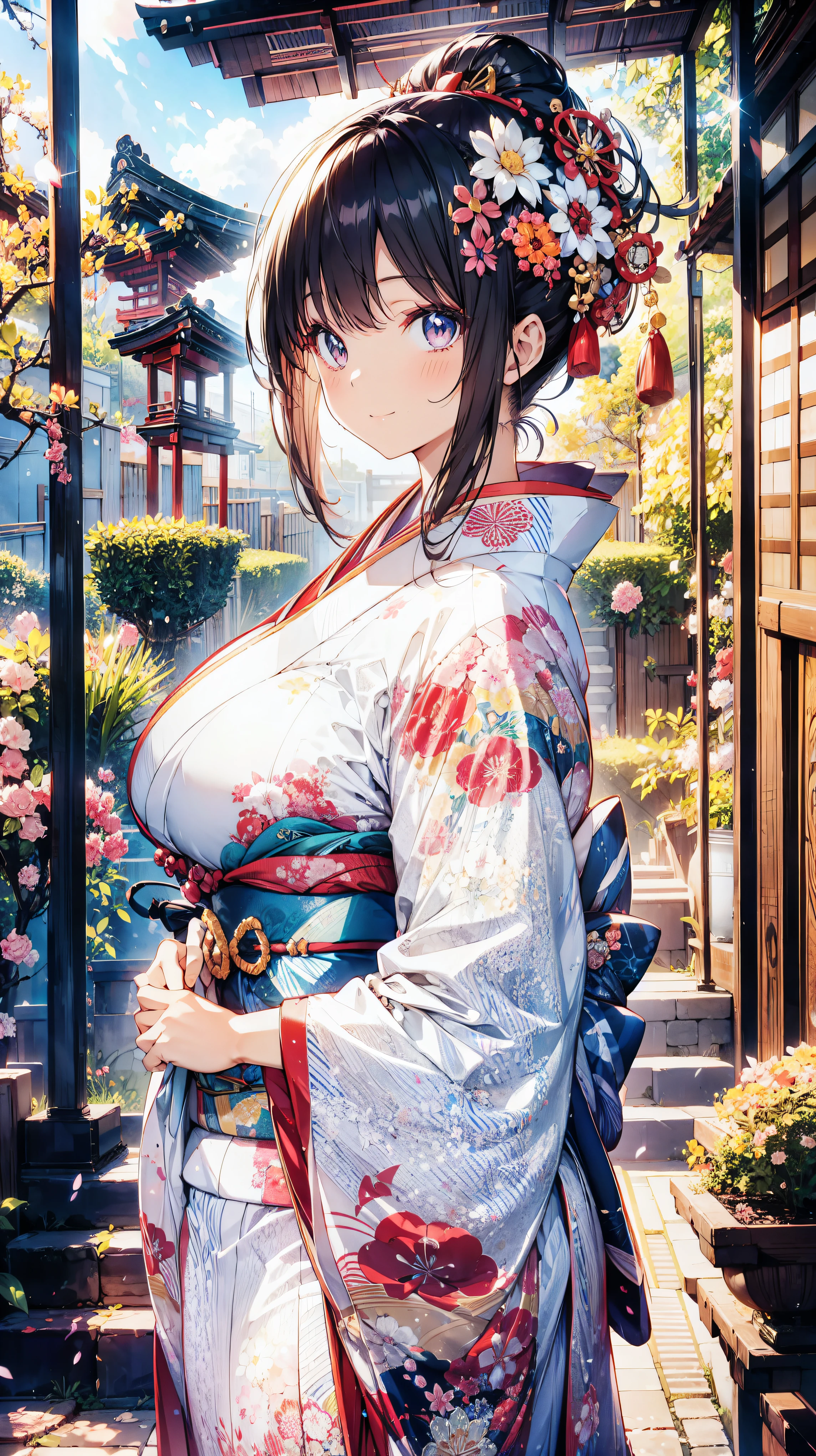  Japanese, Anime young woman, (((Happy smile))), kawaii Laughing Yan,  GORGEOUS AND BEAUTIFUL,  beautiful kimono, BEAUTIFUL SUNWEAR ,  huge breasts, front, 