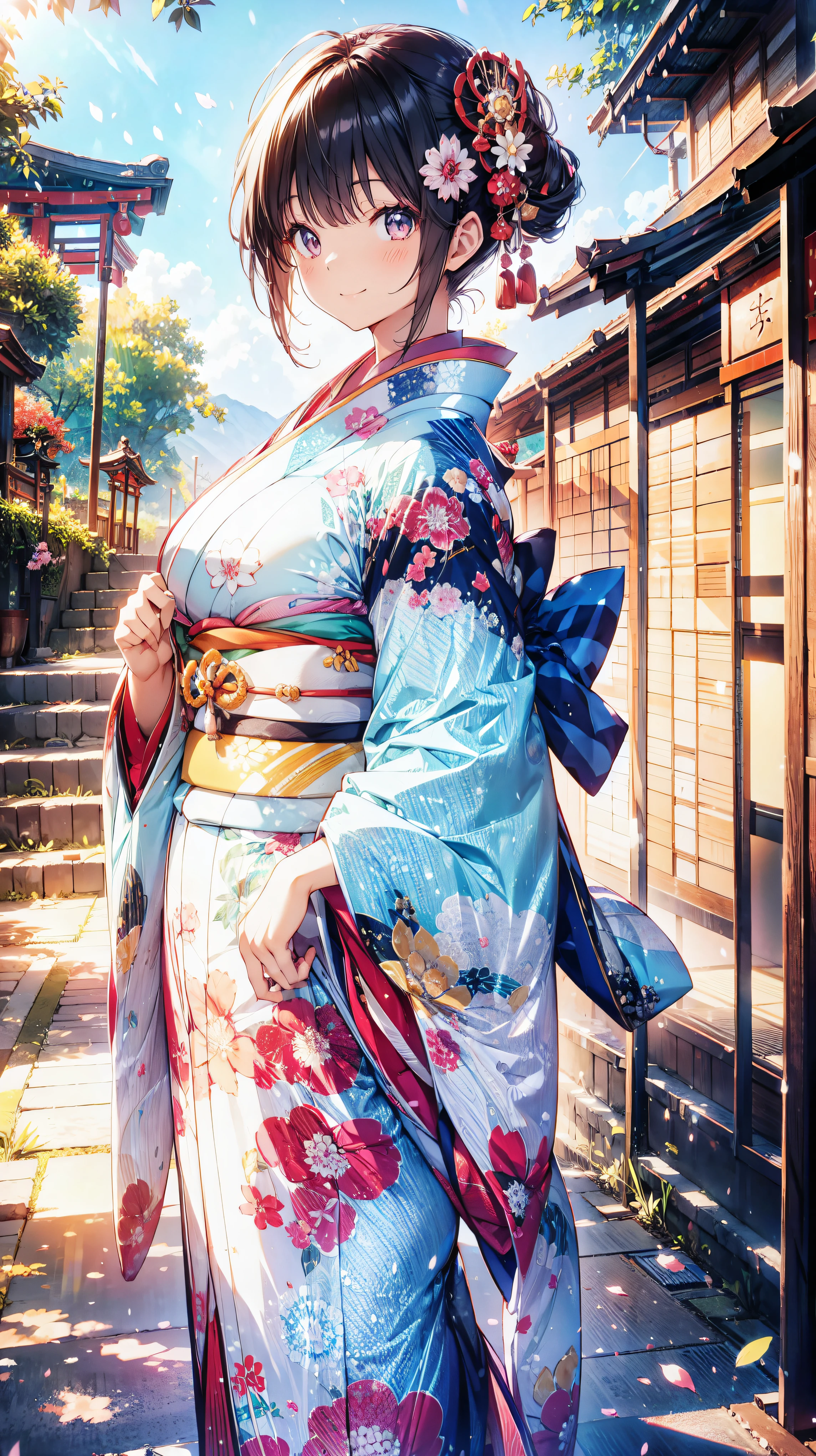  Japanese, Anime young woman, (((Happy smile))), kawaii Laughing Yan,  GORGEOUS AND BEAUTIFUL,  beautiful kimono, BEAUTIFUL SUNWEAR ,  huge breasts, front, 