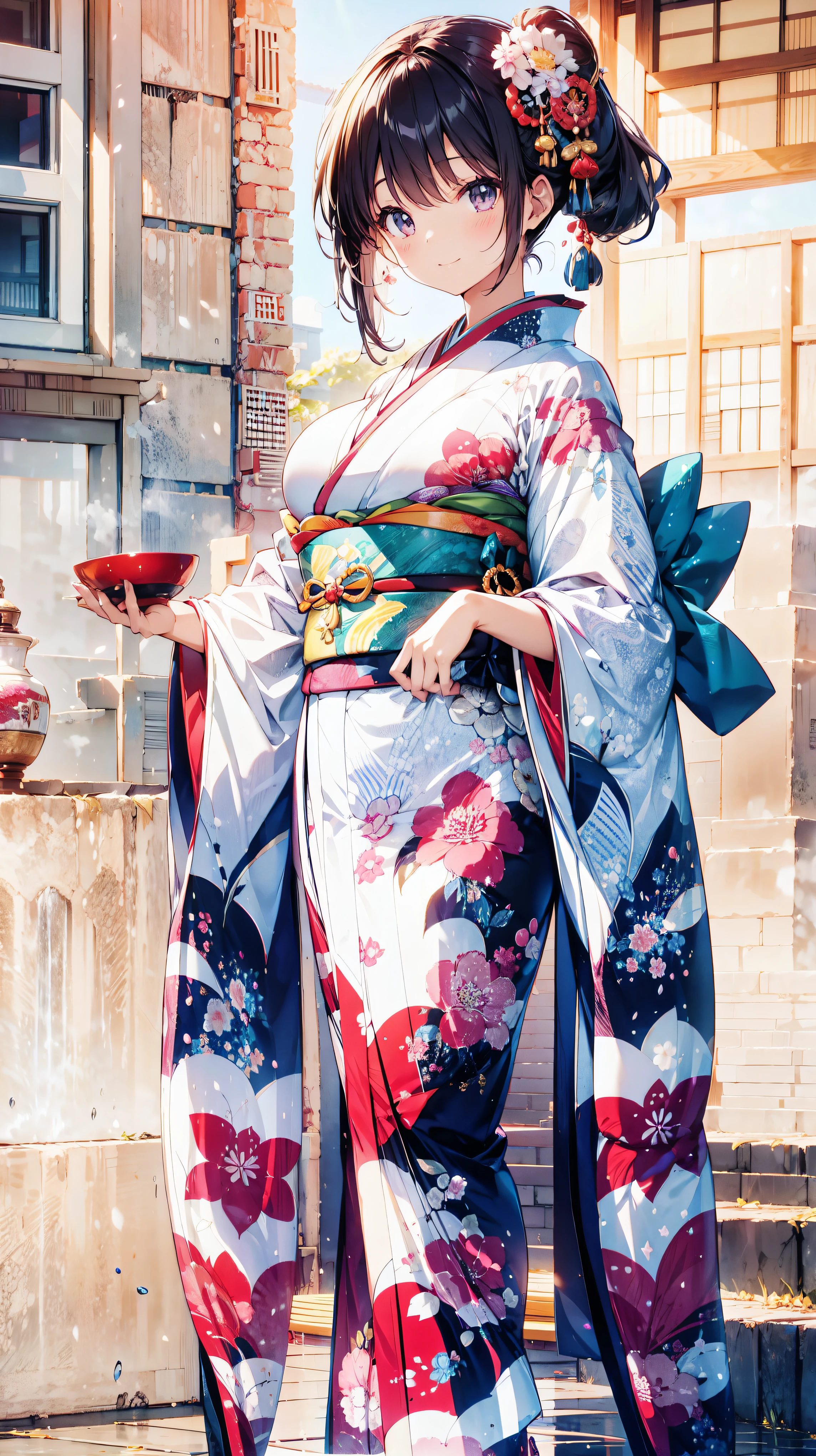  Japanese, Anime young woman, (((Happy smile))), kawaii Laughing Yan,  GORGEOUS AND BEAUTIFUL,  beautiful kimono, BEAUTIFUL SUNWEAR ,  huge breasts, front, 