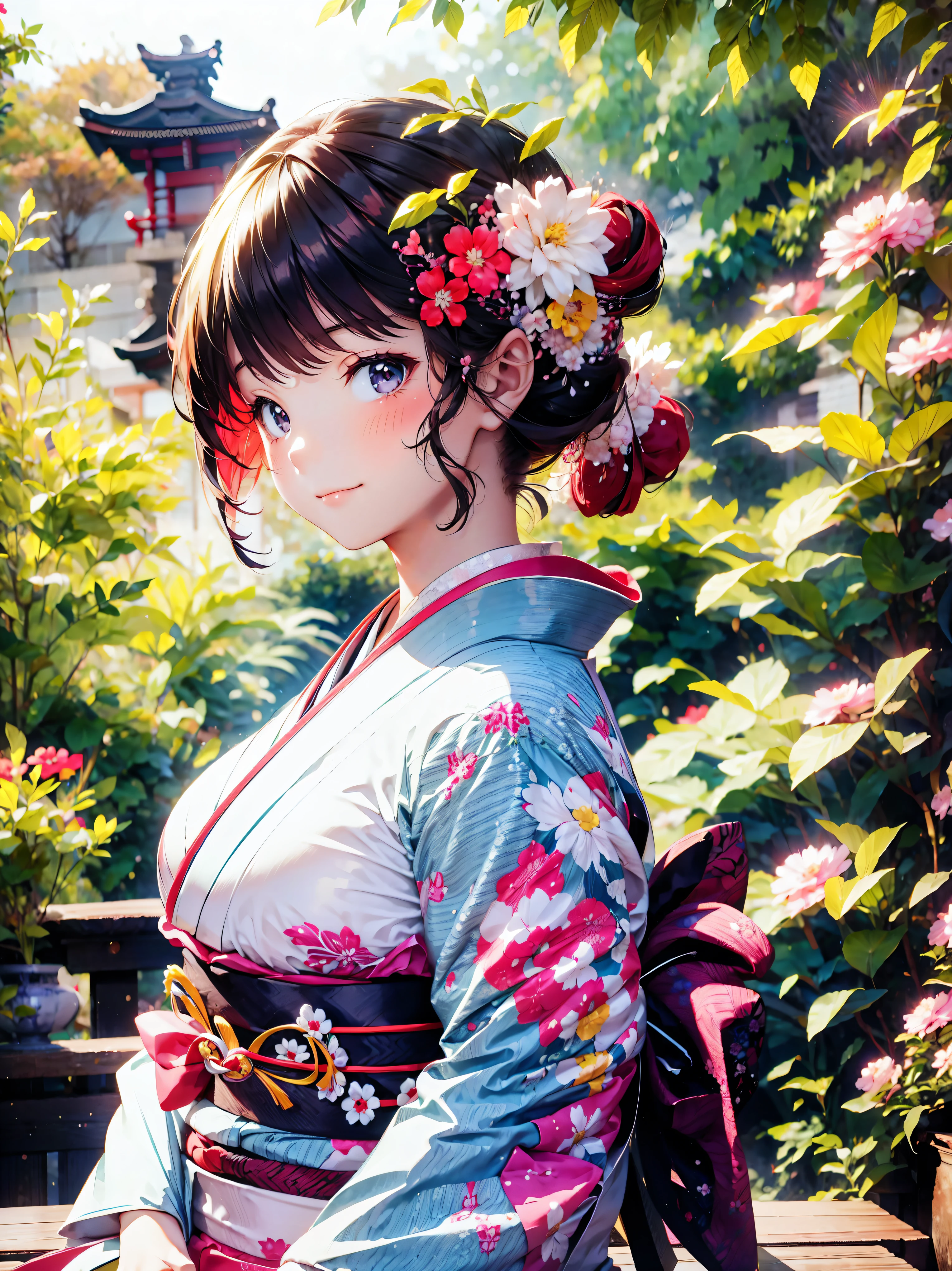  Japanese, Anime young woman,  sitting, (((seiza))), (((Happy smile))), kawaii Laughing Yan,  GORGEOUS AND BEAUTIFUL,  beautiful kimono, BEAUTIFUL SUNWEAR ,  huge breasts, front, 