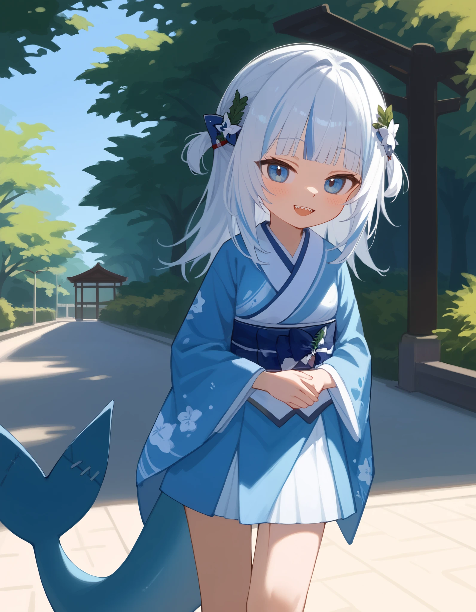 alone, score_9,score_8_up,score_7_up, anthro female, Gawr_gura, Gawr_gura, kimono, blue kimono, standing, walking, night at park, anime park, park background, seductive eyes, young character, solo, 1girl, Gawr_gura, big smile, shark teeth, sharp teeth, exposed teeth, blush, looking at viewer, white hair, gura's hair, blue eyes, shark tail, Gawr_gura tail, anime kimono, hands together, high details, high definition 