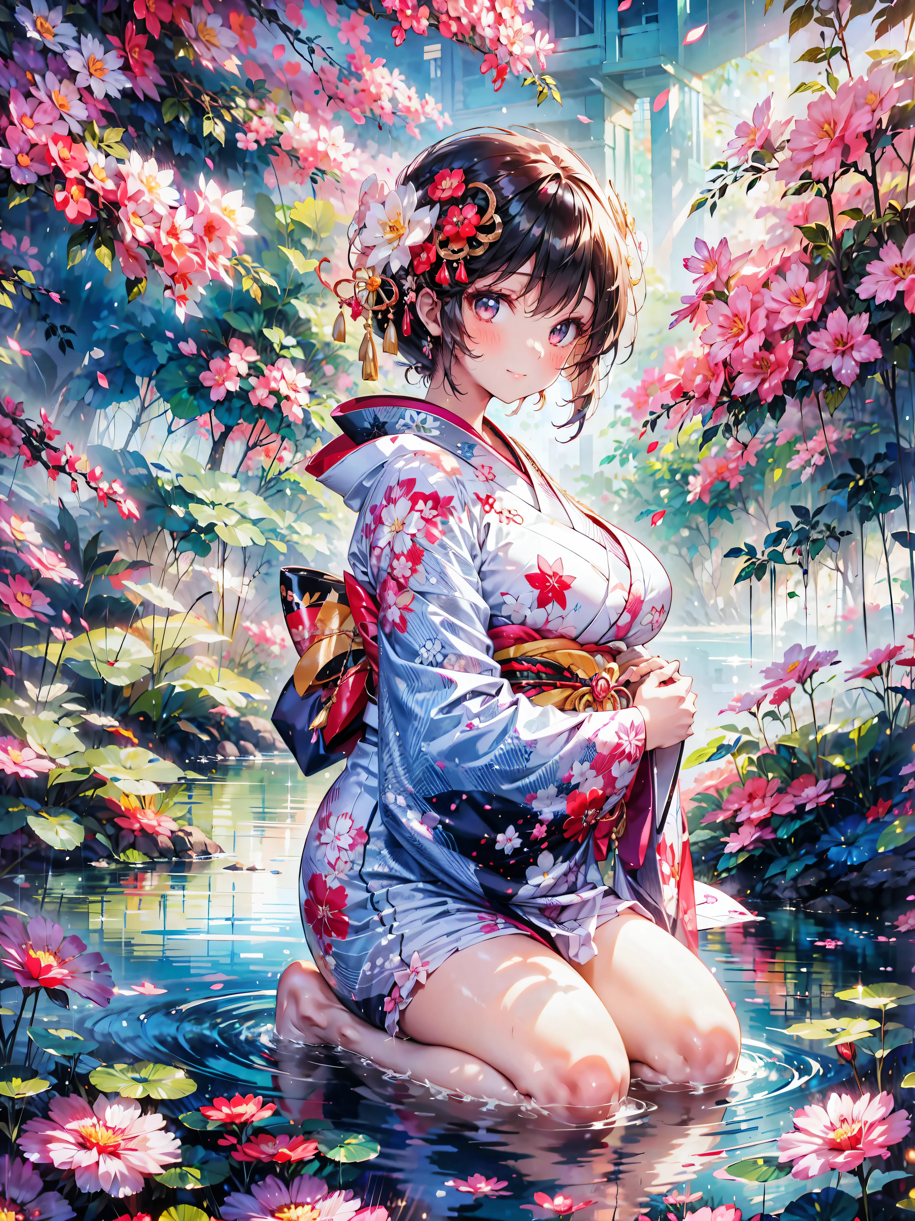  Japanese, Anime young woman,  sitting, (((seiza))), (((Happy smile))), kawaii Laughing Yan,  GORGEOUS AND BEAUTIFUL,  beautiful kimono, BEAUTIFUL SUNWEAR ,  huge breasts, front,