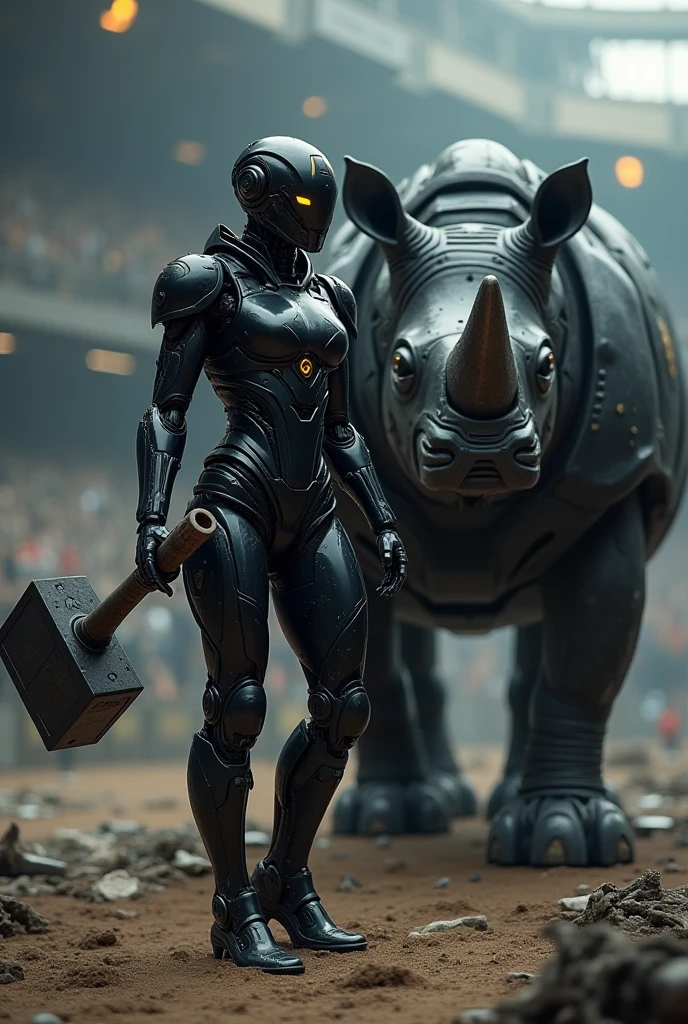 a gladiator, robot, muscular, in a high-tech black futuristic suit, intricate mechanical details, glowing yellow lines on its body, and it has a face or a robot, mechanical face, it is bring a giant robotic hammer with its, it is standing next to a giant mechanical rhinoceros, black color robot rhinoceros, they are standing inside a mechanical gladiator arena, with many junks of mechanical robot parts on the ground, beneath them, dramatic lighting,cinematic composition,realistic metal textures,advanced technology, sci-fi, hyper realistic, photorealistic, ultra-detailed, 8k,award winning digital art