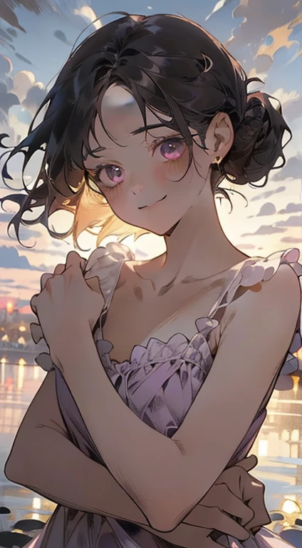 Beautiful breasts,(from below:1.2),(from side:0.9), ((Face)), (Close-Up:0.4), (real、photorealistic:1.4),(RAW photo:1.2),highest quality,(4k, Best Quality, High Resolution: 1.1), (Realistic, Photorealistic:1.1), 1 Girl, Solo, Fine Eyes, Fine Complexion, (Look Viewer:1.2), Cute, Pure, Long Eyelashes, Upper Body, Blush, Random Clothes, Realistic Light, Realistic Shadows, [Blurred Background], Eye Focus, [Depth of Field], Professional Lighting, Photon Mapping, Radiosity, Physically based rendering, high detail, f/2.8, 200mm lens, catch light, big hairpin，full body esbian，the skirt is floating in the wind、Dark purple panties、thin Pubic hair ,(with sparkling eyes and a contagious smile),open mouth, highest quality, high resolution,Real World, Natural light,perfect Natural light, Looking at Viewer,
