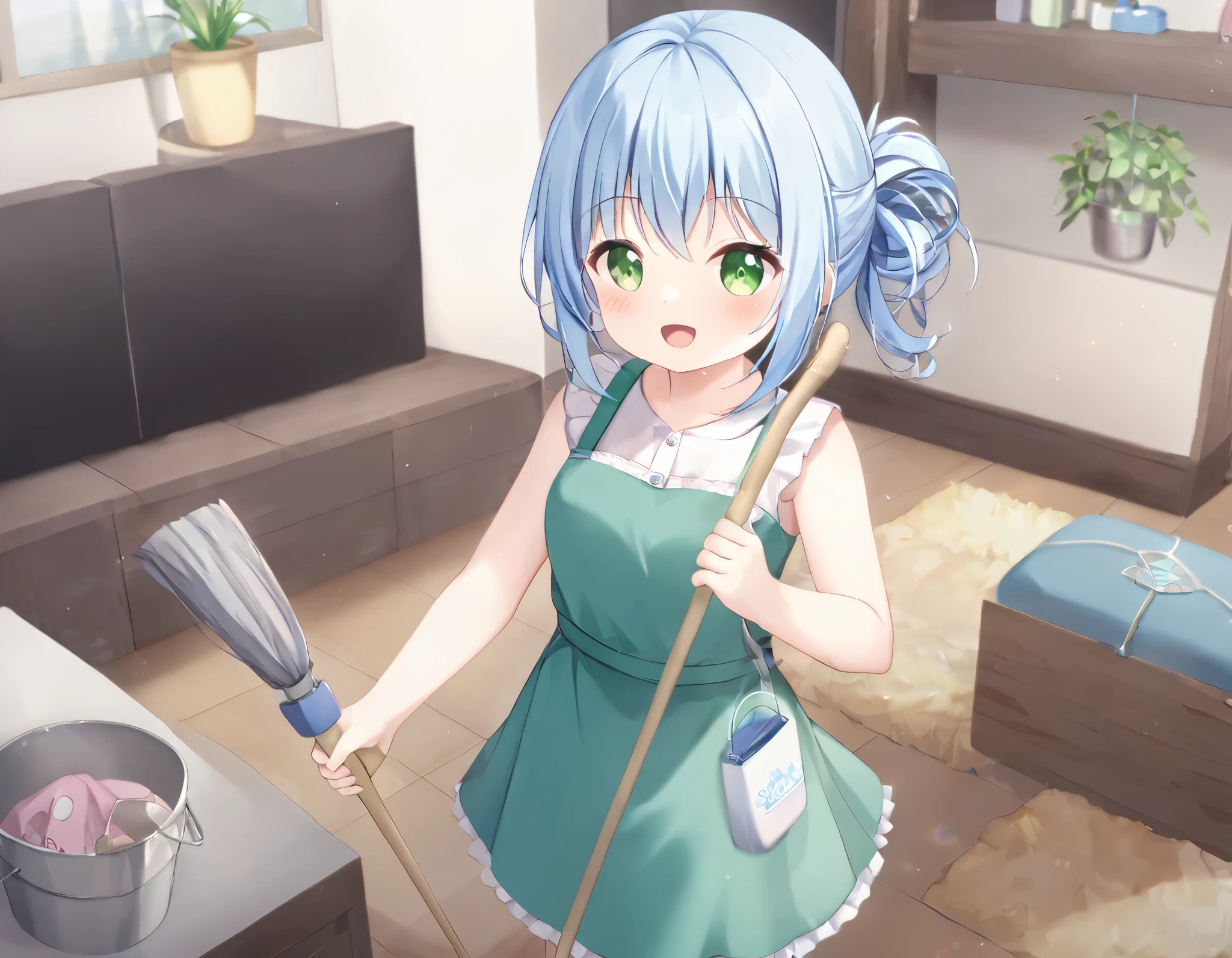 long light blue hair 、 beautiful girl with twin tail hairstyle 、Smiling while cleaning the bright living room、Holding a bucket、 green aprons 、Cleaning tools、mop、detergent