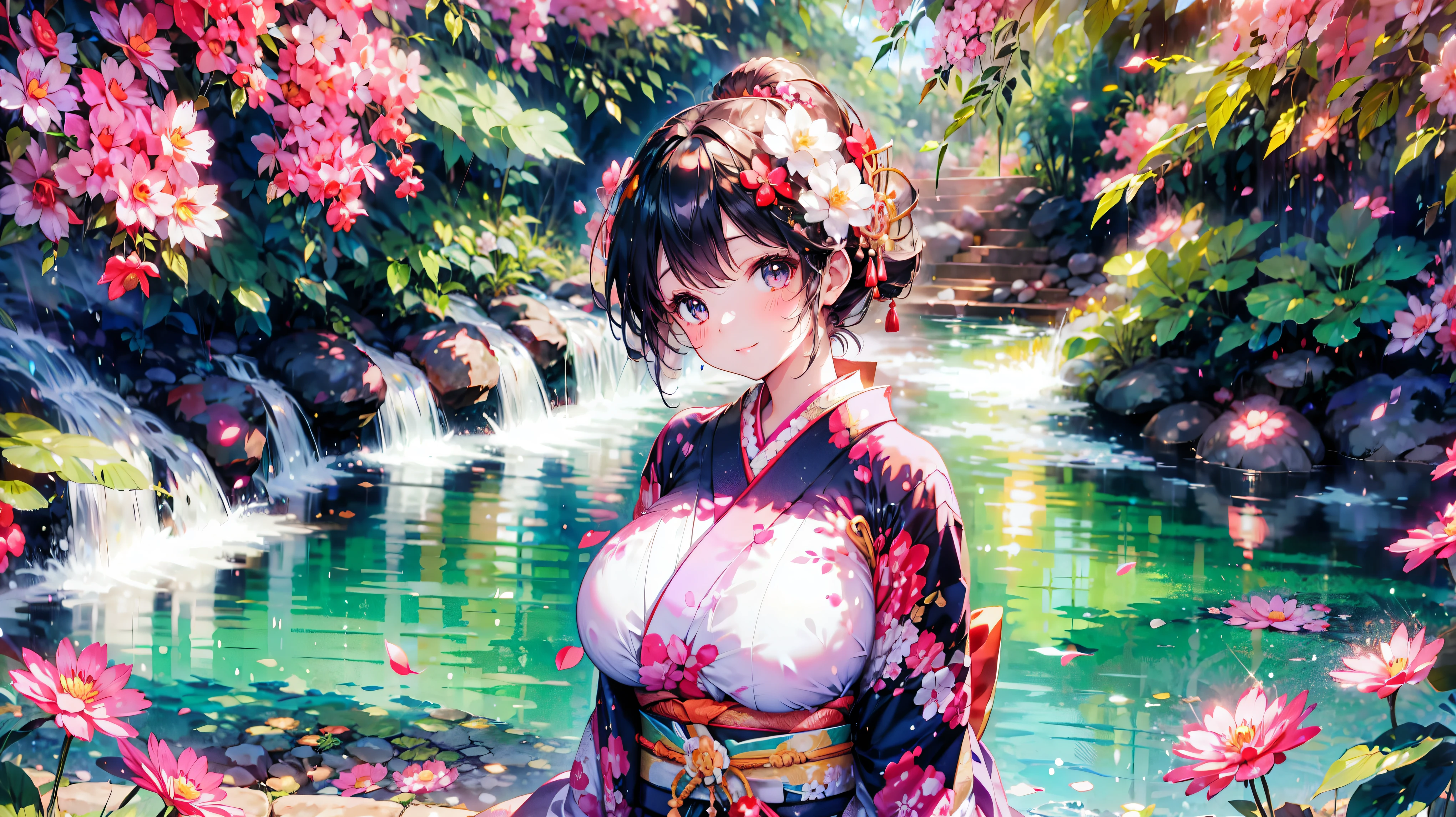  Japanese, Anime young woman,  sitting, (((seiza))), (((Happy smile))), kawaii Laughing Yan,  GORGEOUS AND BEAUTIFUL,  beautiful kimono, BEAUTIFUL SUNWEAR ,  huge breasts, front,