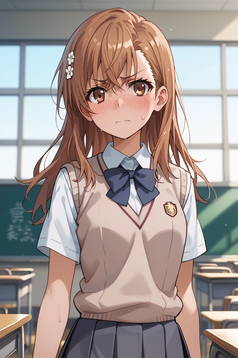 mikoto misaka, (long hair:1.3), brown hair, hair ornament, hair flower, brown eyes, small, breast, skirt, shirt, school uniform, white shirt, short sleeves, pleated skirt, grey skirt, sweater vest, tokiwadai school uniform, sweat, blush, embarrassed, school classroom, looking at viewer, masterpiece, best quality, ultra-detailed, high resoolution, 8K, detailed background,