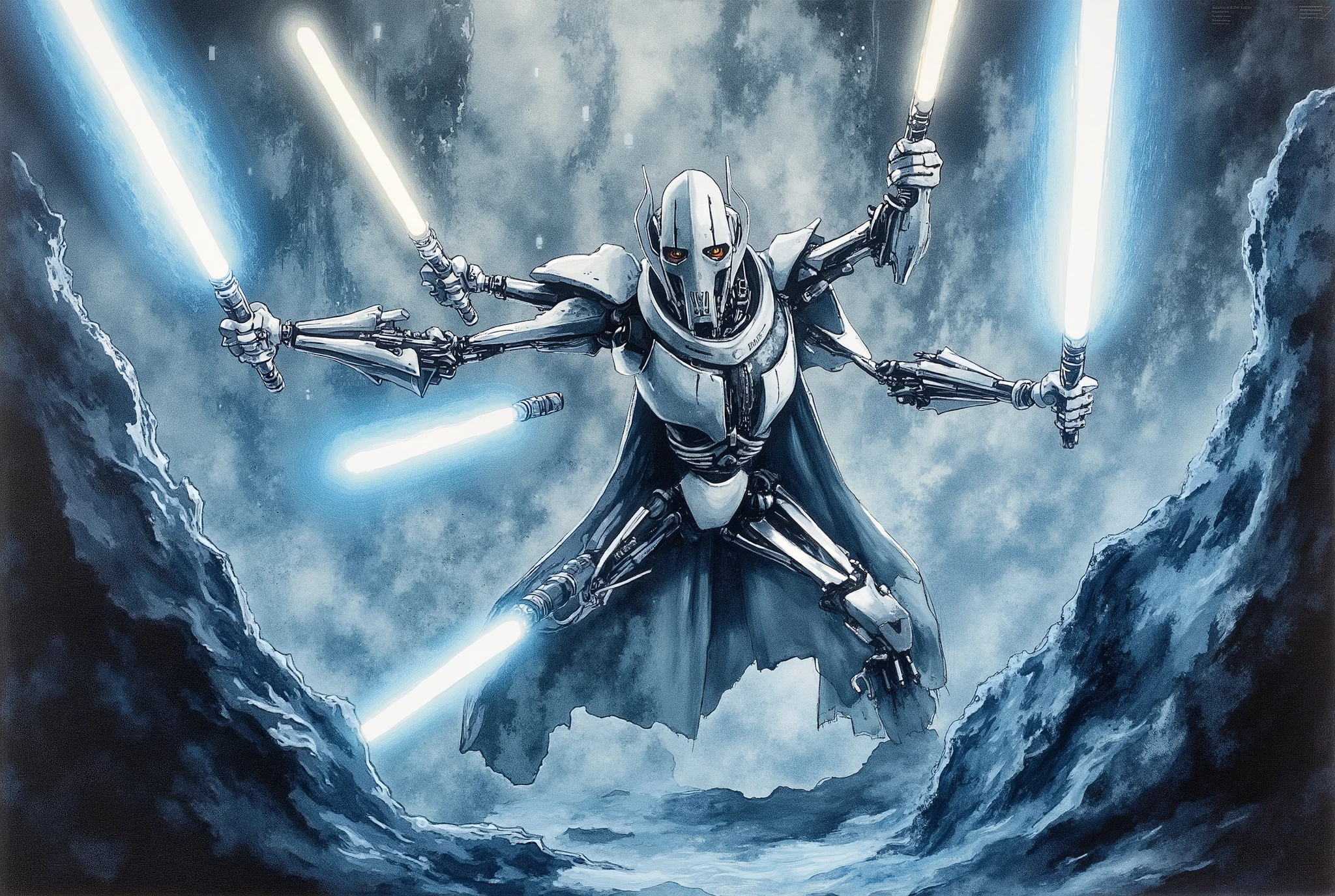 (masterpiece:1.2,EXCEPTIONAL QUALITY ,Mirror finish, Cinematic Experience, best illustration ),8k,16k,(wallpaper),( General Grievous from Star Wars ), (General Grievous 1:2.0), sharp digital painting, complex fluid , Concept work, (Artwork:2.0, , Artwork:2.0, Watercolor:1.6), lightsaber,( dynamic poses in a crowded store),(4本の lightsaberを構える:2.0),,( the background is the planet Wutapau :2.0),(The background is Pow City :2.0)