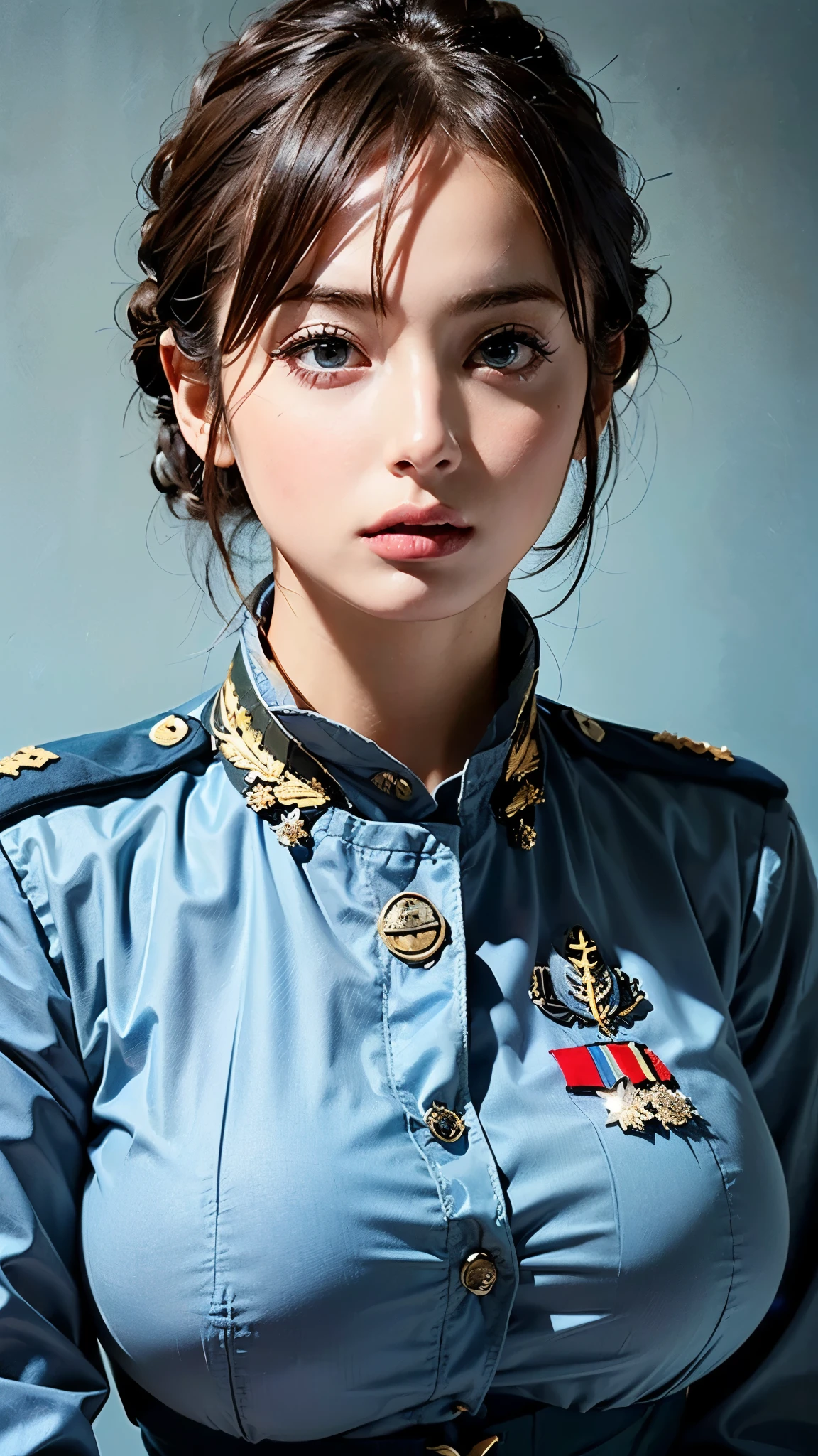 ( highest resolution,  clear_image)  top quality, Single,  one woman, Alone,   Masterpiece  ,((Upper Body)), ((Big breasts)),((realistic:1.2)), high definition, Semi-realistic, Black short hair,  black hair , bangs, 18 years old,  mature, ((light blue   military uniform :1.4)),   ((military uniform:1.4)) ,  indoor background,  kind, Dignified, Powerful,  exquisite face ,  exquisite face 