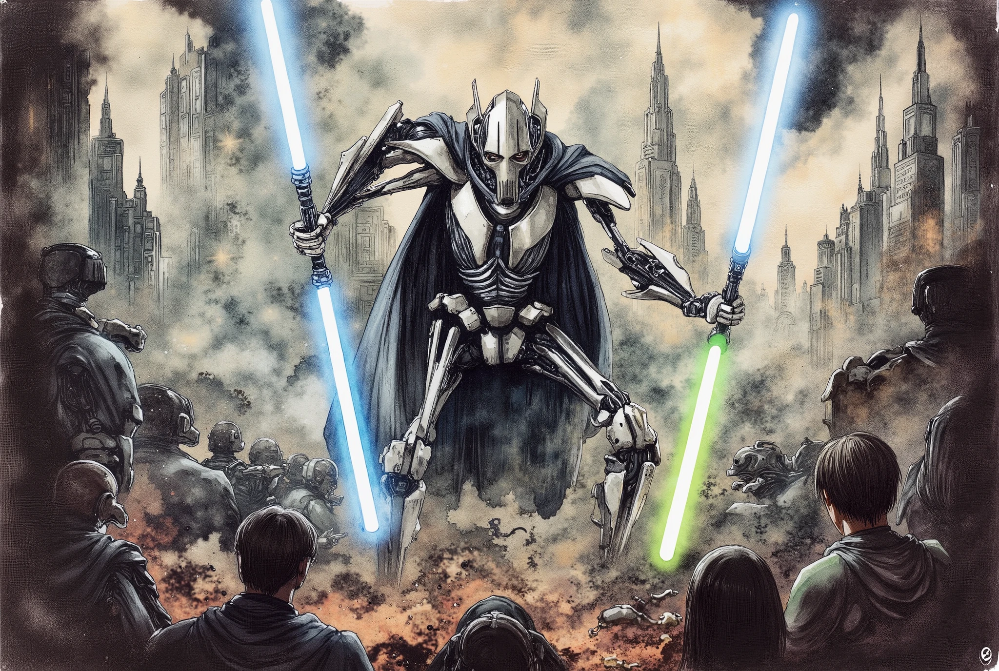 (masterpiece:1.2,EXCEPTIONAL QUALITY ,Mirror finish, Cinematic Experience, best illustration ),8k,16k,(wallpaper),( General Grievous from Star Wars ), (General Grievous 1:2.0), sharp digital painting, complex fluid , Concept work, ( Artwork:2.0, ,  Artwork:2.0, Watercolor:1.6), lightsaber,( dynamic poses in a crowded store),(4本の lightsaberを構える:2.0),,( in the background is the planet Utapau :2.0),(The background is Pow City :2.0)
