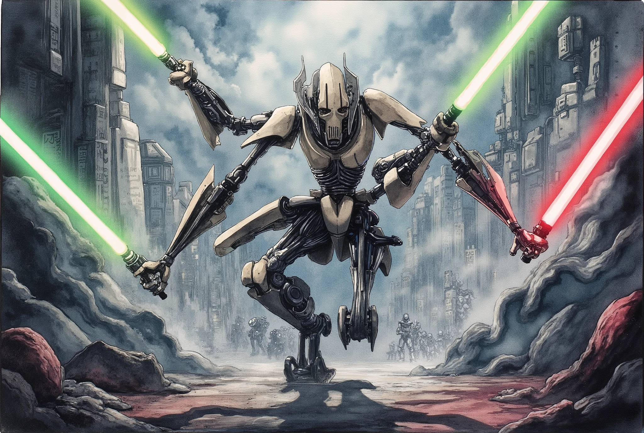 (masterpiece:1.2,EXCEPTIONAL QUALITY ,Mirror finish, Cinematic Experience, best illustration ),8k,16k,(wallpaper),( General Grievous from Star Wars ), (General Grievous 1:2.0), sharp digital painting, complex fluid , Concept work, ( Artwork:2.0, ,  Artwork:2.0, Watercolor:1.6), lightsaber,( dynamic poses in a crowded store),(4本の lightsaberを構える:2.0),,( in the background is the planet Utapau :2.0),(The background is Pow City :2.0)
