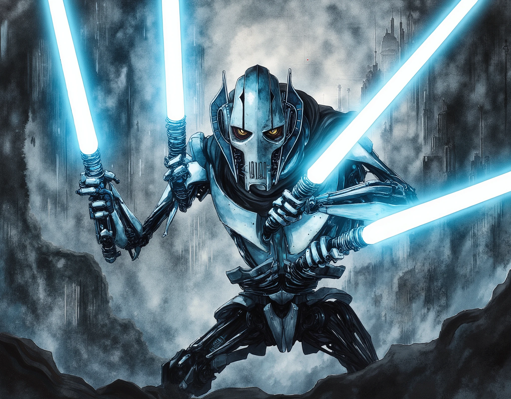 (masterpiece:1.2,EXCEPTIONAL QUALITY ,Mirror finish, Cinematic Experience, best illustration ),8k,16k,(wallpaper),( General Grievous from Star Wars ), (General Grievous 1:2.0), sharp digital painting, complex fluid , Concept work, ( Artwork:2.0, ,  Artwork:2.0, Watercolor:1.6), lightsaber,( dynamic poses in a crowded store),(4本の lightsaberを構える:2.0),,( in the background is the planet Utapau :2.0),(The background is Pow City :2.0)
