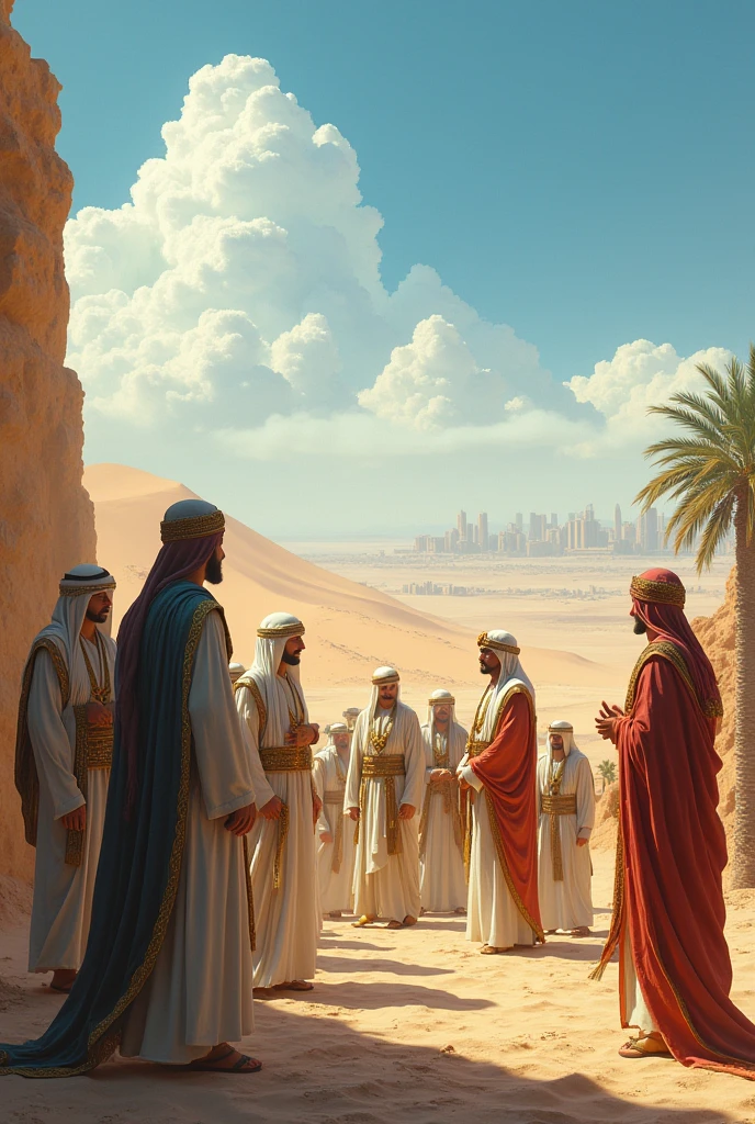 "A simple yet beautiful wedding scene under the open sky of Mecca. Muhammad, wearing a white robe, stands next to Khadijah, who is wearing a modest and elegant dress. The two are surrounded by close family and friends, with an atmosphere of peace and joy. There are no extravagant decorations, just a few palm trees and simple rugs on the ground.3d realistis