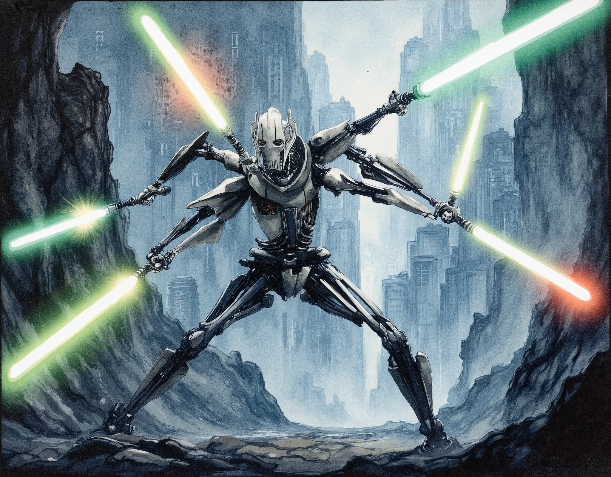 (masterpiece:1.2,EXCEPTIONAL QUALITY ,Mirror finish, Cinematic Experience, best illustration ),8k,16k,(wallpaper),( General Grievous from Star Wars ), (General Grievous 1:2.0), sharp digital painting, complex fluid , Concept work, ( Artwork:2.0, ,  Artwork:2.0, Watercolor:1.6), lightsaber,( dynamic poses in a crowded store),(4本の lightsaberを構える:2.0),,( in the background is the planet Utapau :2.0),(The background is Pow City :2.0)
