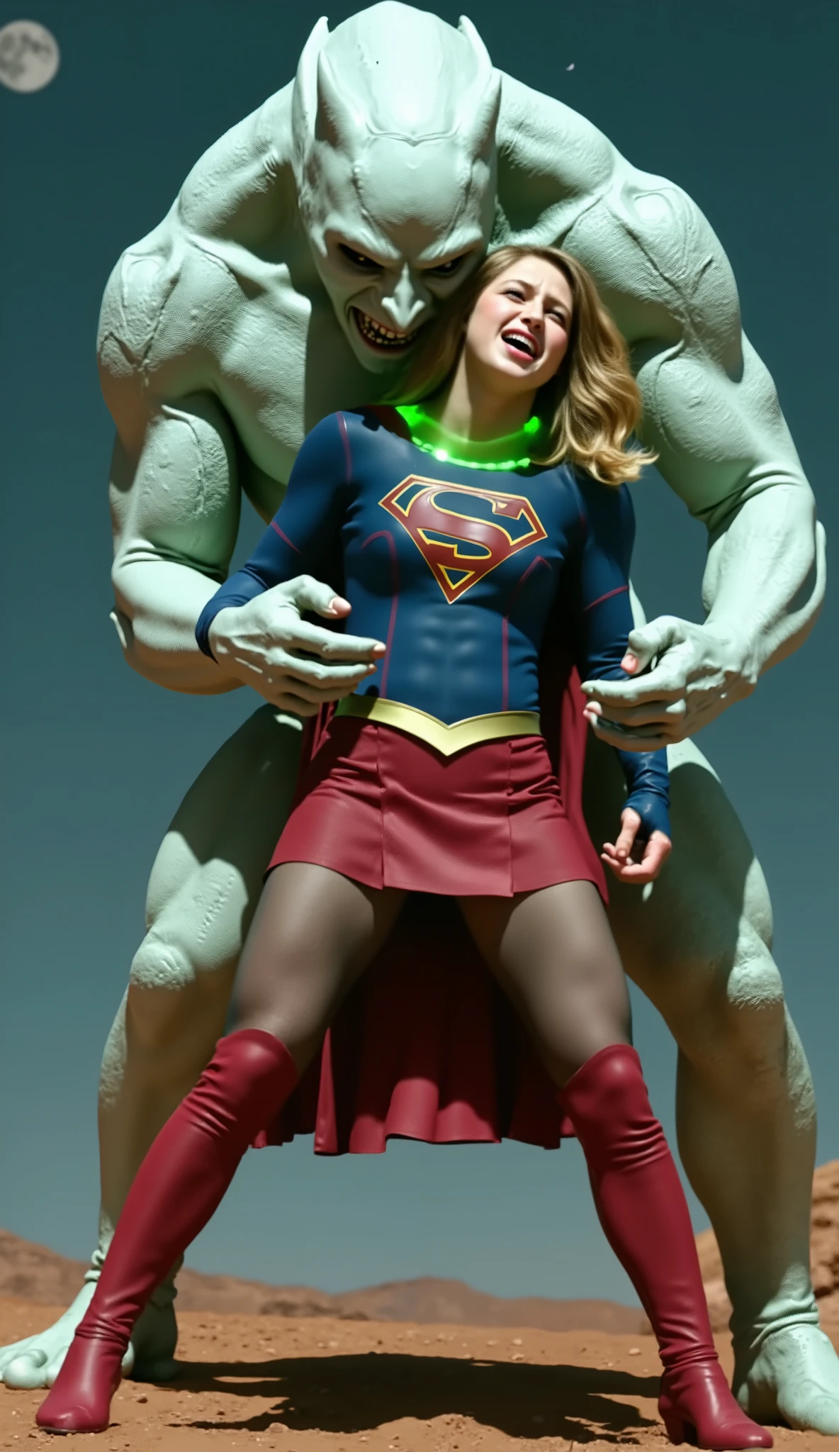 Supergirl is fighting with a big alien monster, very bright white skin, can see whole body, She is wearing a thin black pantyhose, short red leather fabric skirt, red knee height long boots, blonde hair, lighting green collar on her neck, She is screaming in pain, seriously injured, painful, a huge body fierce Alien Monster hold and carry Supergirl body, the Alien Monster seize her body tightly and bite her neck, photorealistic, hyper realistic, night time on the Mar with moon lighting,