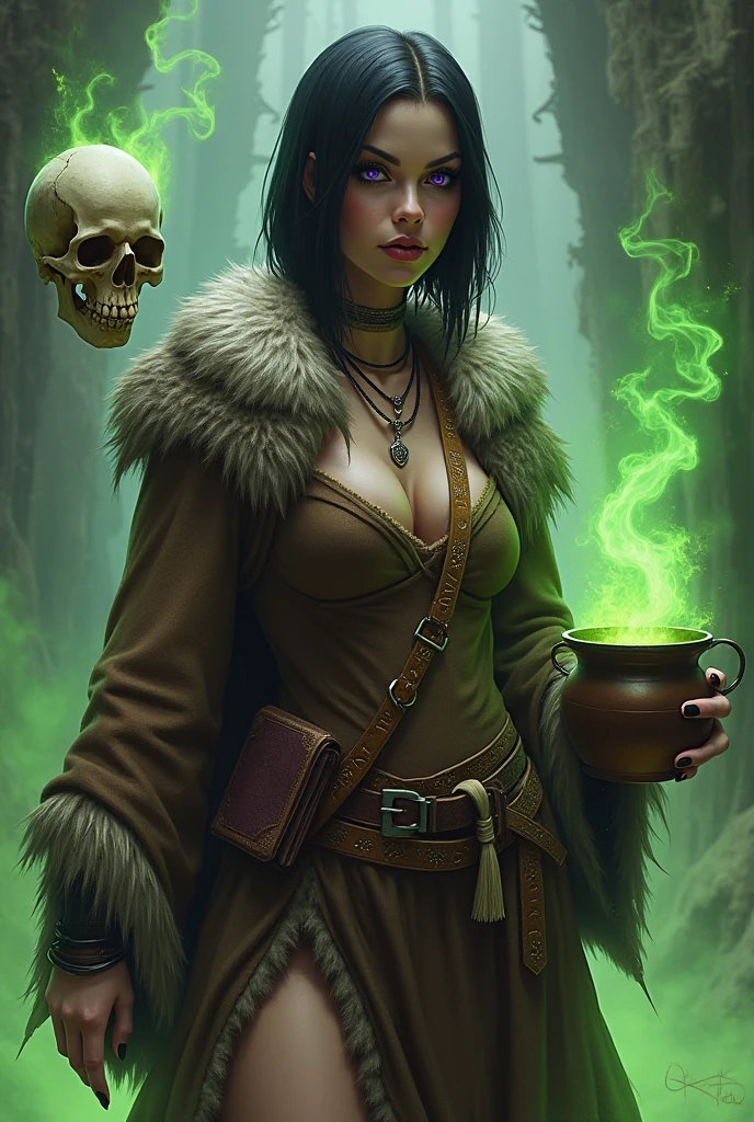 sorceress, Woman in her 30s, short black straight hair, violet eyes. Wears brown clothing made from animal skins and fur. She uses a crossbody bag made of fur where she keeps manuscripts and some plants for potions., In one hand he carries a small cauldron, long boots. big breasts and big butt. thick lips, makeup smeared. black painted nails. She is followed by a floating skull surrounded by green gas..
