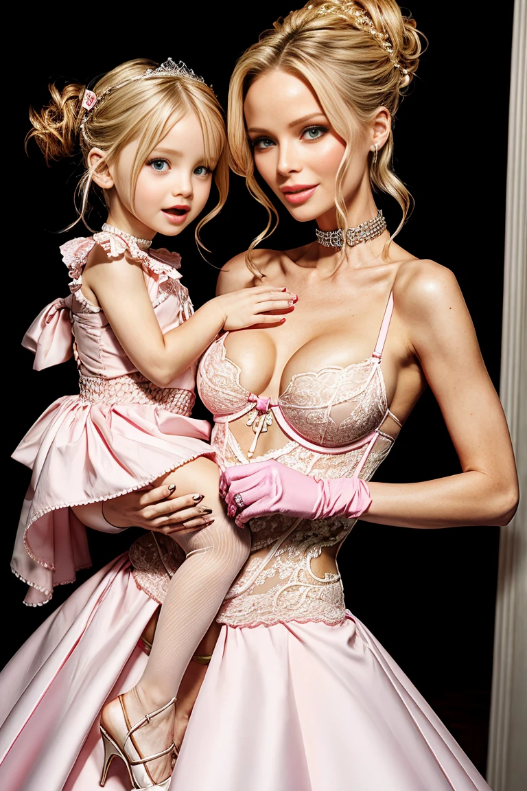 Super Skinny blonde Georgina Chapman and her young daughter, wearing pink wedding dress, she has a very long penis, she is grabbing her own penis, skull and crossbones tattoos all over her body, short hair tied up in a bun, screaming, smiling, her penis is huge, her penis is one meter long, choker, Lolita, her penis wearing pink lingerie