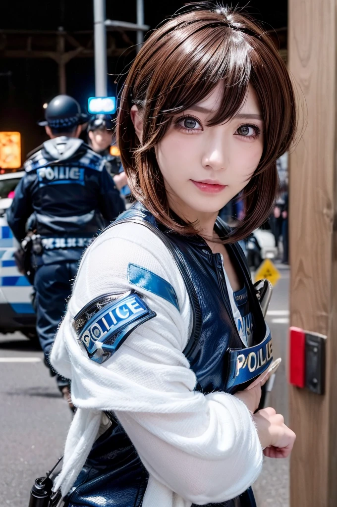 (Background, Neon Street):1.3, (high shadows detail), (short hair, dark brown hair), best quality, masterpiece, ultra high res, (photorealistic:1.3), RAW photo, (1woman:1.3, solo), (Japan Police), (Police Uniforms), (asian girl, ultra delicate face, ultra delicate eyes, ultra detailed nose, ultra detailed mouth, ultra detailed facial features), BREAK (Japan Police Officer Cosplay:1.3), (medium breast:1.3), from the front side, (shiny skin), Show cleavage, pan focus, a smile:0.9