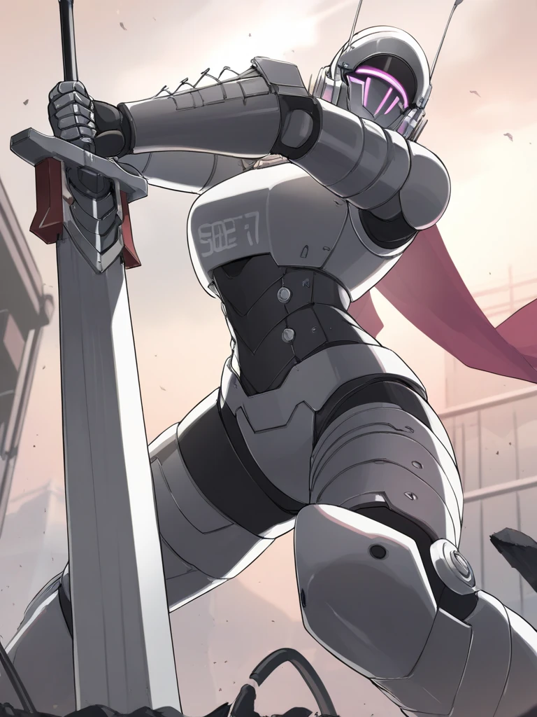 masterpiece,best quality,very aesthetic,highres,Robot Gladiator, swinging a sword,Outdoor,