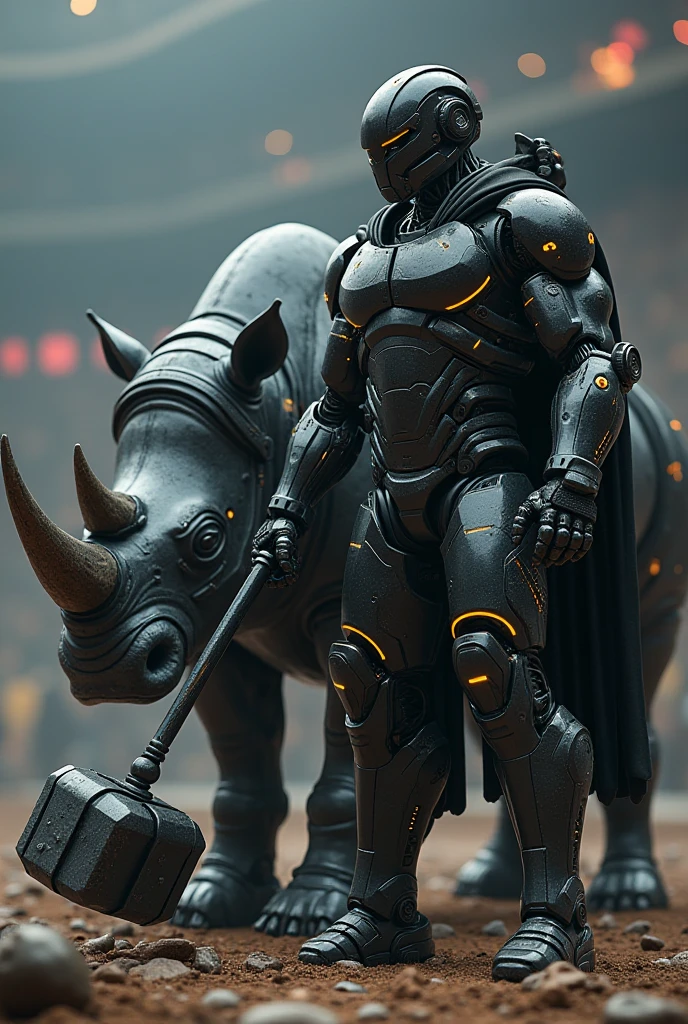 a gladiator, robot, muscular, in a high-tech black futuristic suit, intricate mechanical details, glowing yellow lines on its body, and it has a face or a robot, mechanical face, it is bring a giant robotic hammer with its, it is standing next to a giant mechanical rhinoceros, black color robot rhinoceros, they are standing inside a mechanical gladiator arena, with many junks of mechanical robot parts on the ground, beneath them, dramatic lighting,cinematic composition,realistic metal textures,advanced technology, sci-fi, hyper realistic, photorealistic, ultra-detailed, 8k,award winning digital art