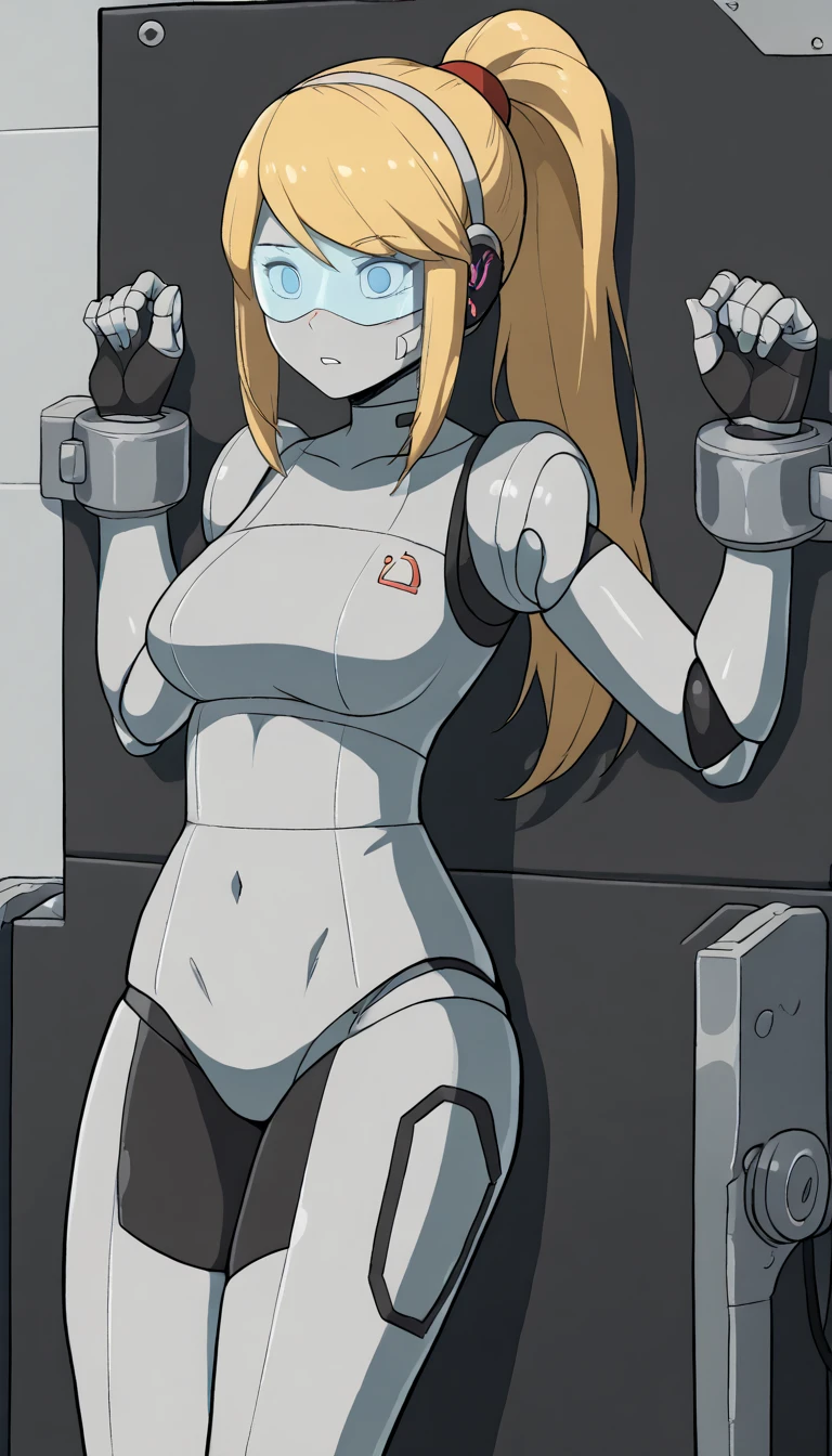 masterpiece, best quality, extremely detailed, (8K, 4K, Best Quality, hight resolution, 超A high resolution:1.1), ,8k portrait, Japaese android Girl,Plump , dark black leg cover,announcer,control panels,android,Droid,Mechanical Hand, Robot arms and legs, Black Robot Parts,yellow ponytail,Mechanical body,Blunt bangs,perfect mechanical abdomen,blue robotics parts,perfect robot woman,future laboratory,cyber pank,charging spot,laboratory,long tube,thick cable connected her neck,blue ceramic body ,perfect mechanical body, blue robot body,lod antenna,mechanical ear cover,android,robot humanoid,black sponge joints,The removable cover is in the groin,The connection port is in the groin,opened chest panel,access panel on the chest,opened breast panel,perfect mechanical breast,perfect black machine body,perfect black android body,She has repaired,assembly plant,no human skin,visor,mistyrobot,samus aran,dress,empty eyes,malfunction,robot joint,doll joint,robotization,tight bodysuit,lying,surgery table,spark,restrained