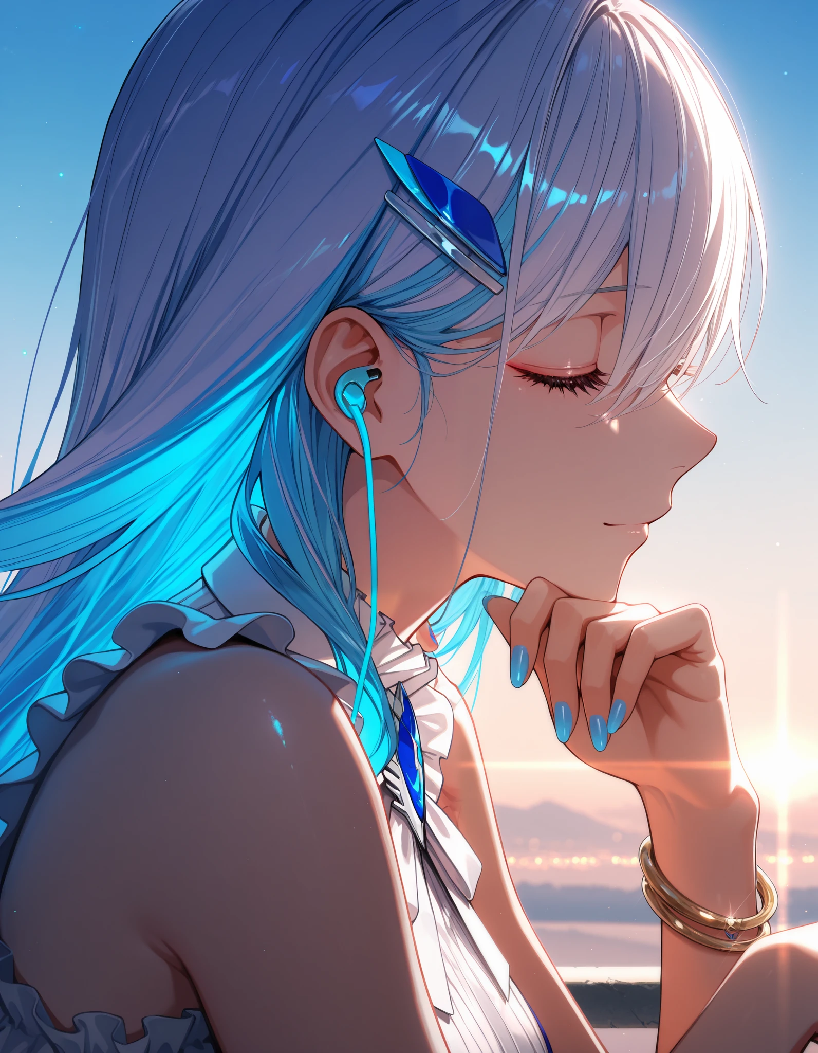 1girl, solo, Lize Helesta, nijisanji, bare shoulders, blue hair, blue nails, blue sky, bracelet, brooch, close-up, closed eyes, closed mouth, day, earbuds, earphones, eyelashes, fingernails, frills, from side, glint, hair between eyes, hair ornament, hairclip, hand on own chin, hands up, head rest, jewelry, light particles, light smile, long eyelashes, long hair, neck ribbon, outdoors, profile, ribbon, shirt, sky, sleeveless, sleeveless shirt, solo, sunlight, upper body, white ribbon, white shirt, wireless earphones, x hair ornament, masterpiece, best quality, amazing quality, very aesthetic, absurdres, newest, scenery, dim lighting, intricate details, highly detailed, light leaks, beautiful detailed glow, best shadow, cinematic lighting, ray tracing, sidelight