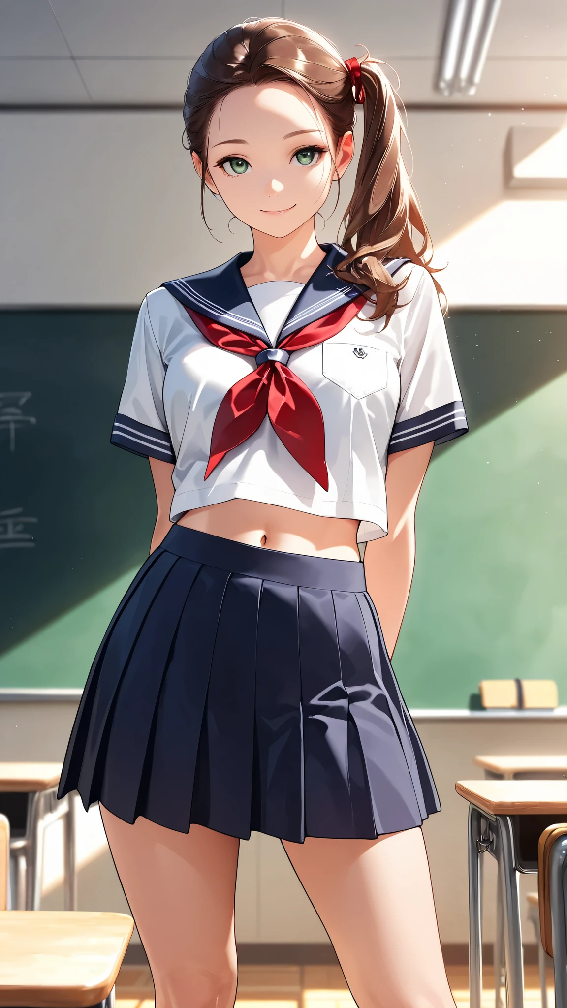 (highest quality、In 8K、32K、masterpiece、nffsw、Super high resolution、Impressionism、Photoreal:1.2)、big breasts、cowboy shot, detailed face and eyes、 inside the classroom、School、sunset、beautiful face、blurred background、16 year old beautiful girl、shiny skin、half up hair、beautiful brown hair、dull bangs、brown eyes、(one eye closed、put your index finger to your mouth:1.2)、sailor suit、pleated mini skirt、curve、(Skirt up、I can see your pants:1.2)、thighs thighs thighs、(Navel exposed:0.4)、dynamic pose