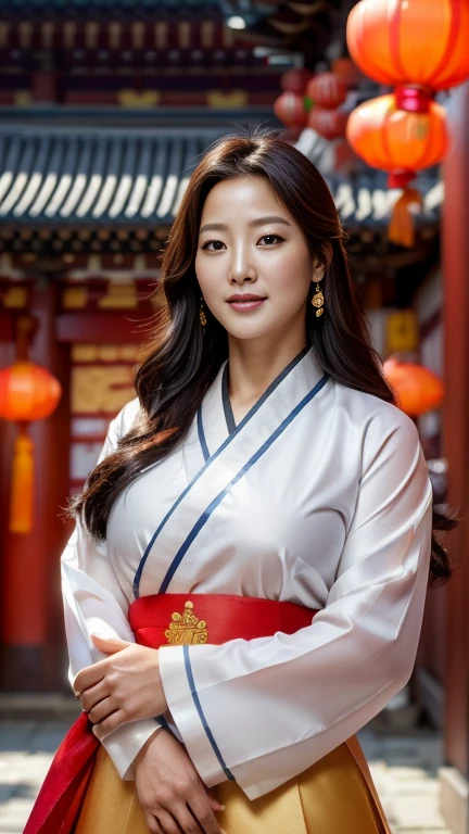 ((masterpiece, photorealistic, highest quality, ultra detailed, ultra high res, 16K)), kim heeseon, actress, korean, nail polish, (((super gigantic saggy breasts))), cleavage, plump, curvy, hairpin, hair ornament, korean clothes, ((hanbok dress, hanbok skirt, sash)), earrings, temple visit, sexy, grin, ((background of temple during lunar new year in korea)), (highly detailed realistic body, highly detailed beautiful face, realistic body, realistic face, stunning visuals, perfect anatomy, intricate detail)