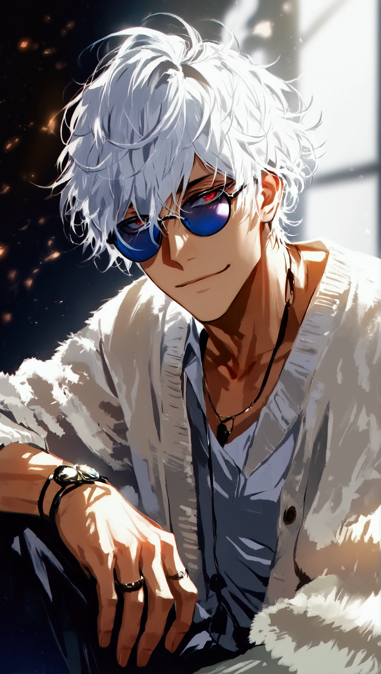 (solo), (1 male), (1 man), handsome men, (one man with white hair, red eyes), Bob hair, messy hair, sunglasses,((masterpiece)), (dark background: 1.3), (stylish), White cardigan ,dynamic angle, (detailed face, detailed eyes, proportional hands, proportional anatomy), sitting in a relaxed pose, sinister atmosphere, a nihilistic smile